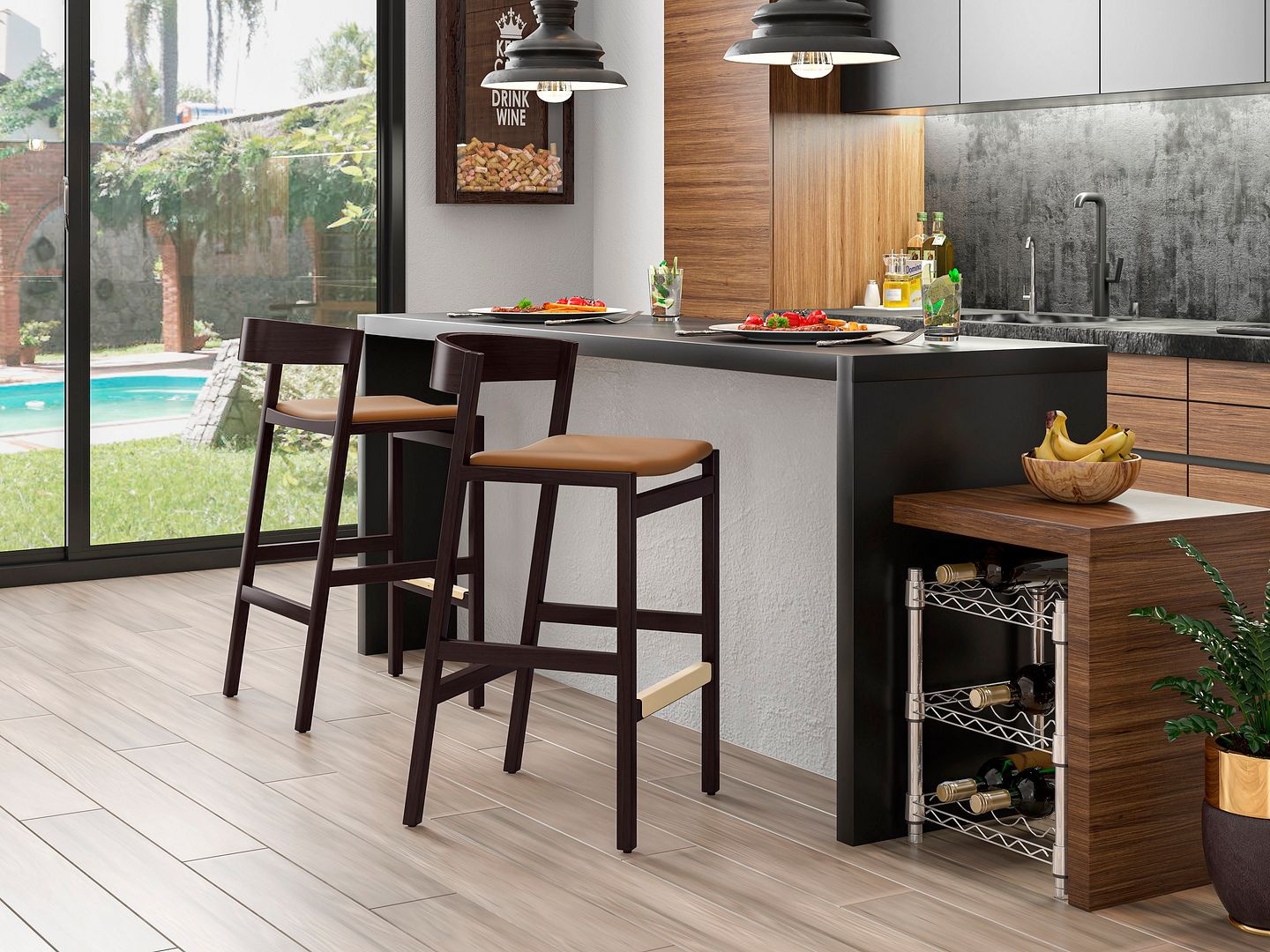 Klismos 40.75-inch Leatherette/Beech Wood Barstool