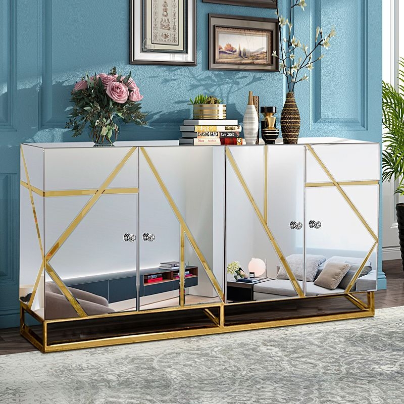 Timeless 4-Door Mirrored Cabinet with Gold Accent