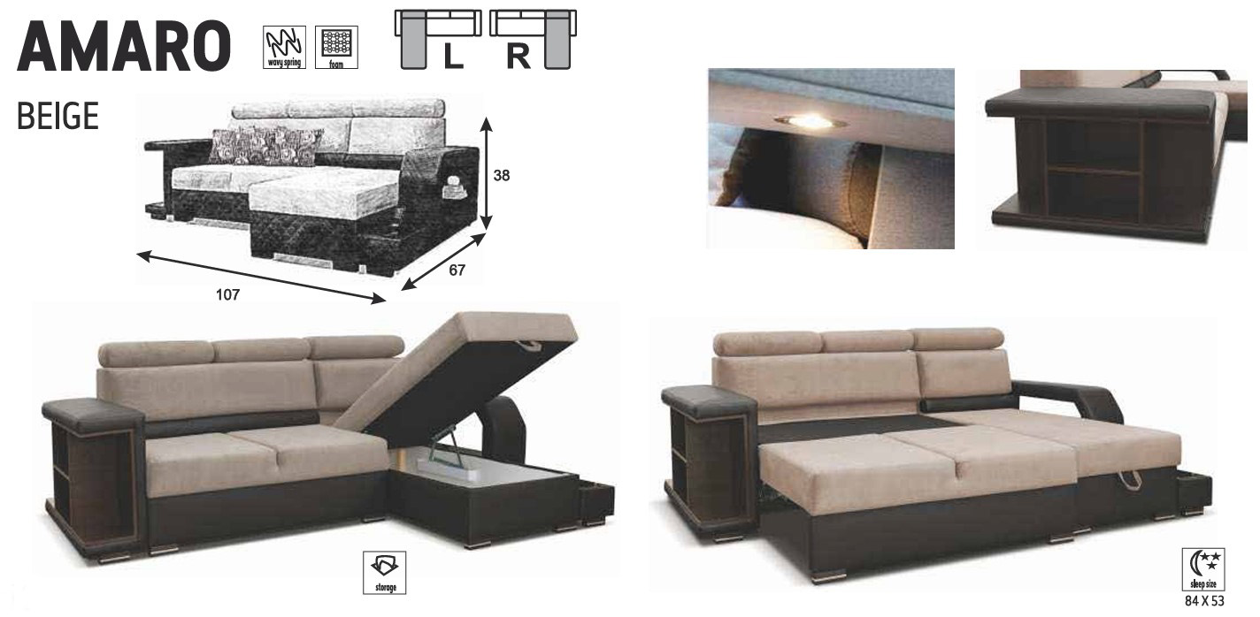Amaro L-Shaped Fabric Right Convertible Storage Sectional Sofa