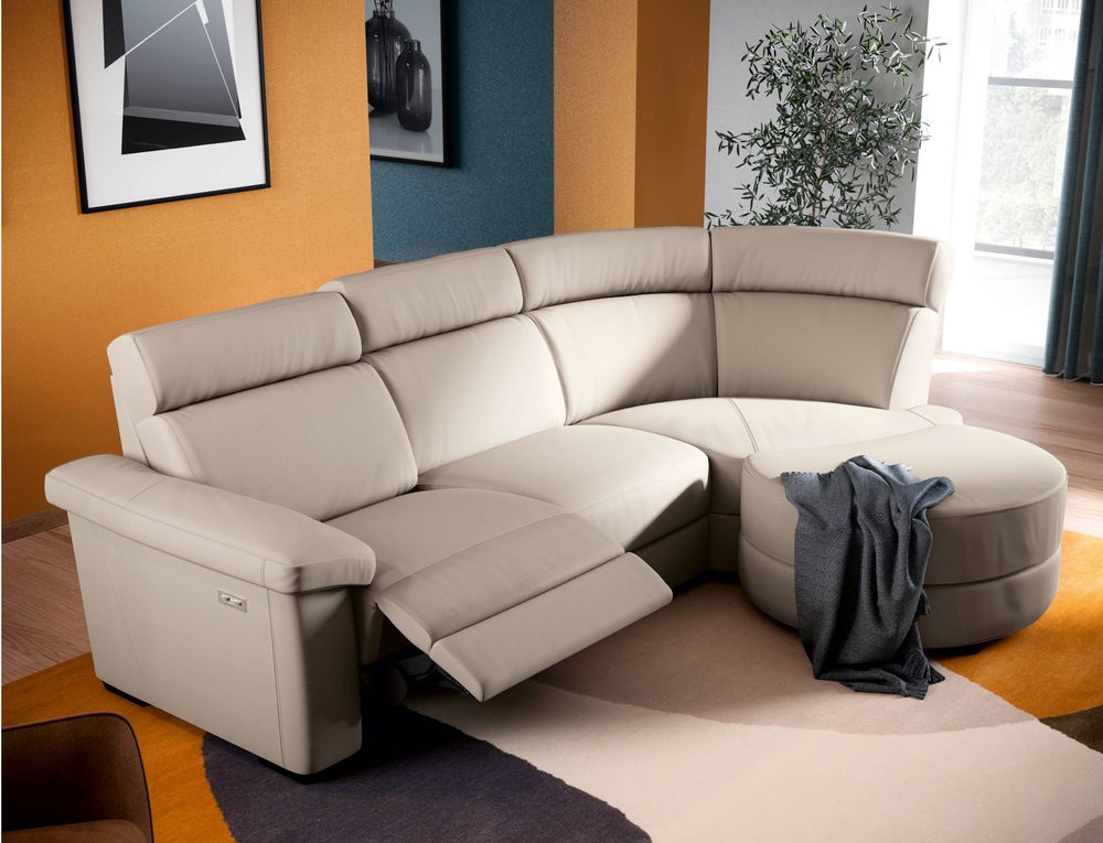 Estremo Fabric/Leather L-Shape Sectional Sofa w/Recliner & Small Round Chaise