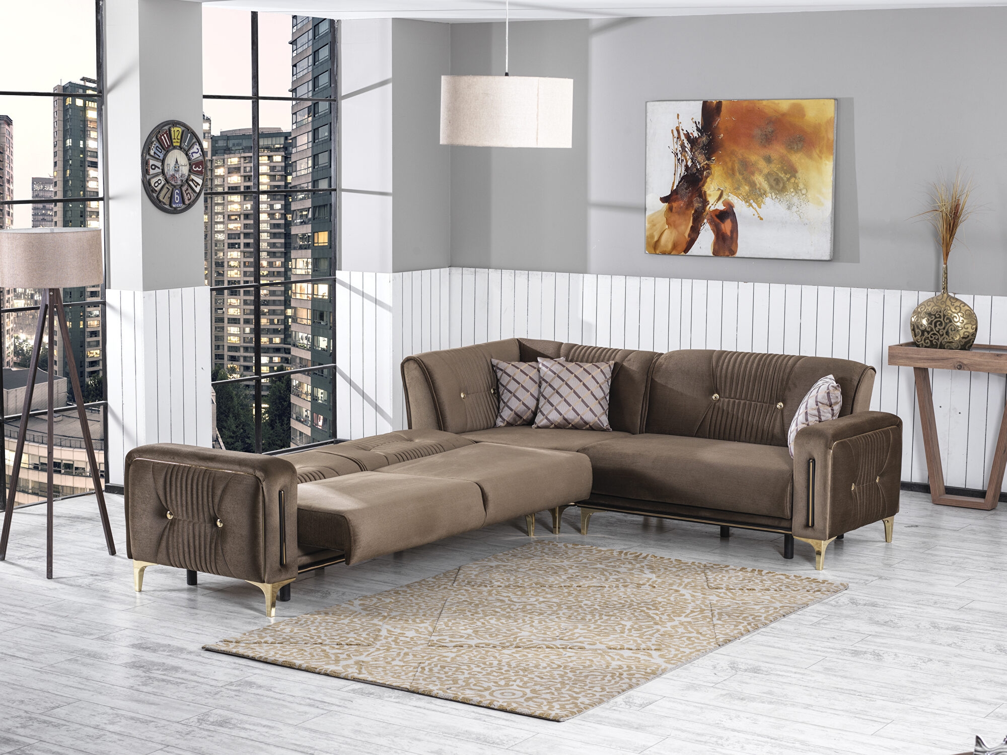 Angel Fabric Convertible Low Profile L-Shaped Sectional Sofa