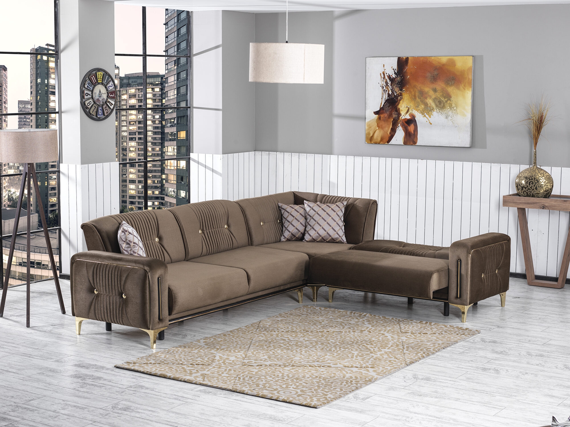 Angel Microfiber Fabric Convertible Low Profile L-Shaped Sectional Sofa