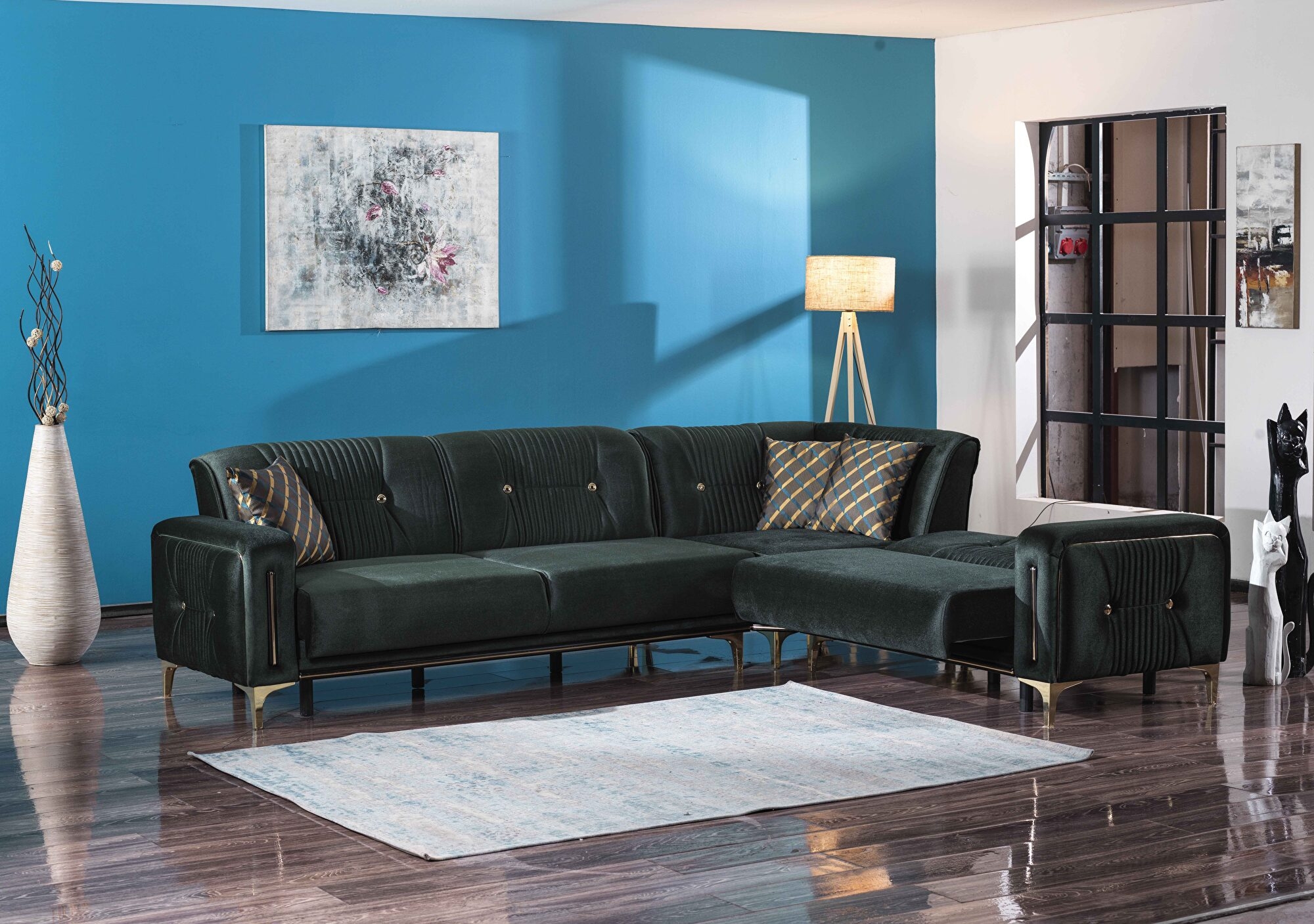 Angel Fabric Convertible Low Profile L-Shaped Sectional Sofa, Green by Casamode