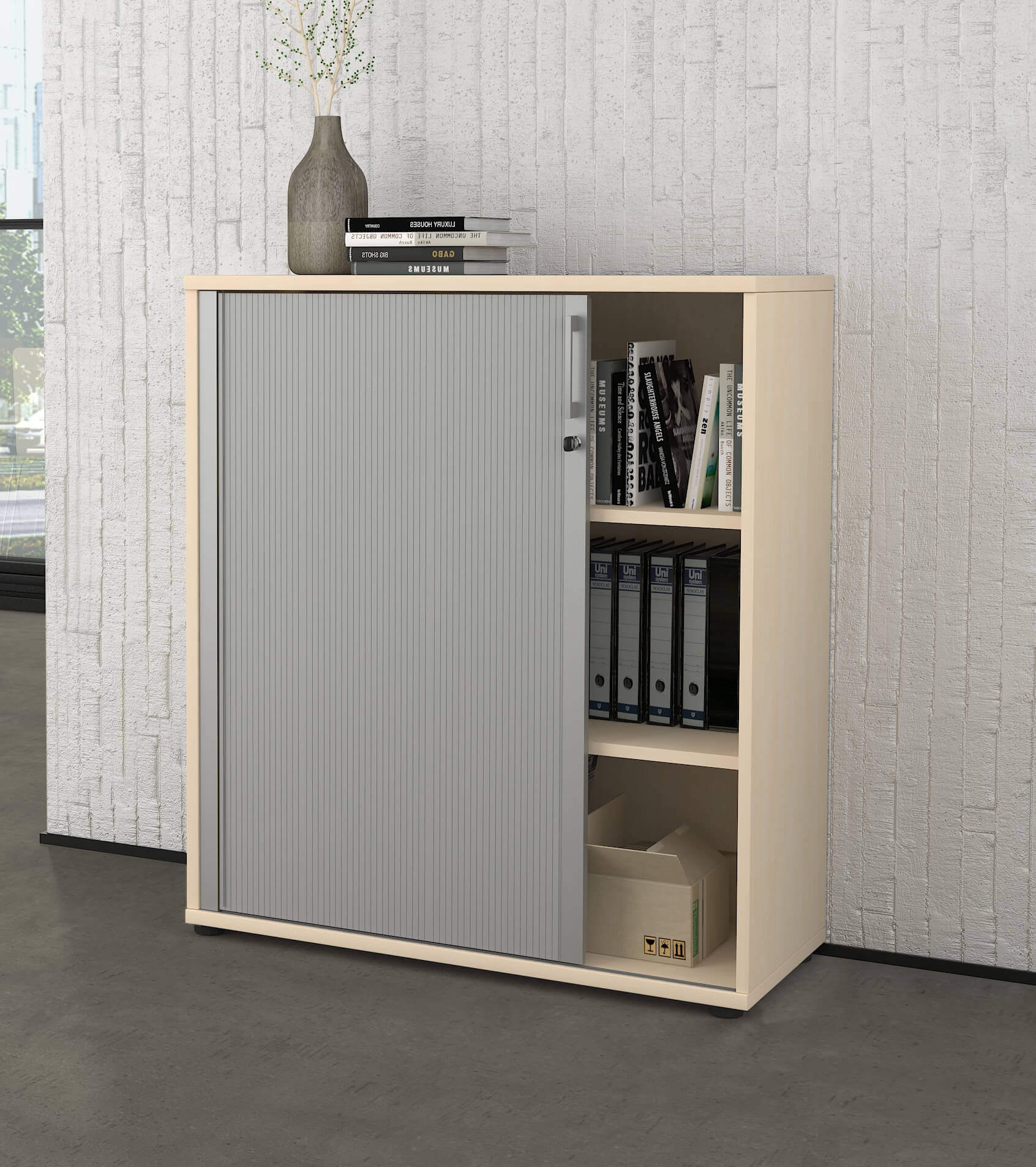 Uni Melamine Office Lockable Cabinet w/Tambour Door & 2 Shelves