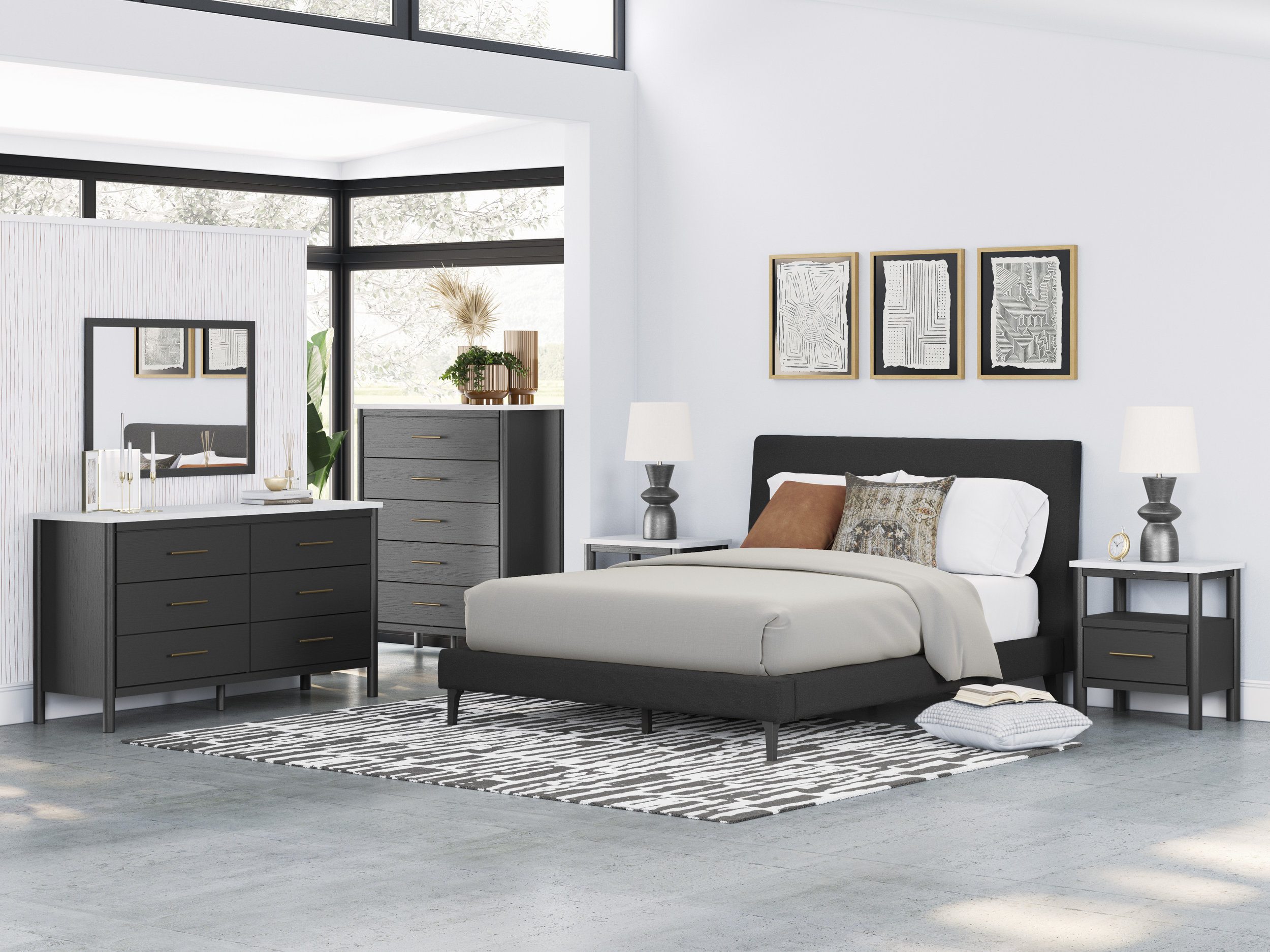 Cadmori Wood/Fabric Upholstered Panel Bedroom Set w/Roll Slats