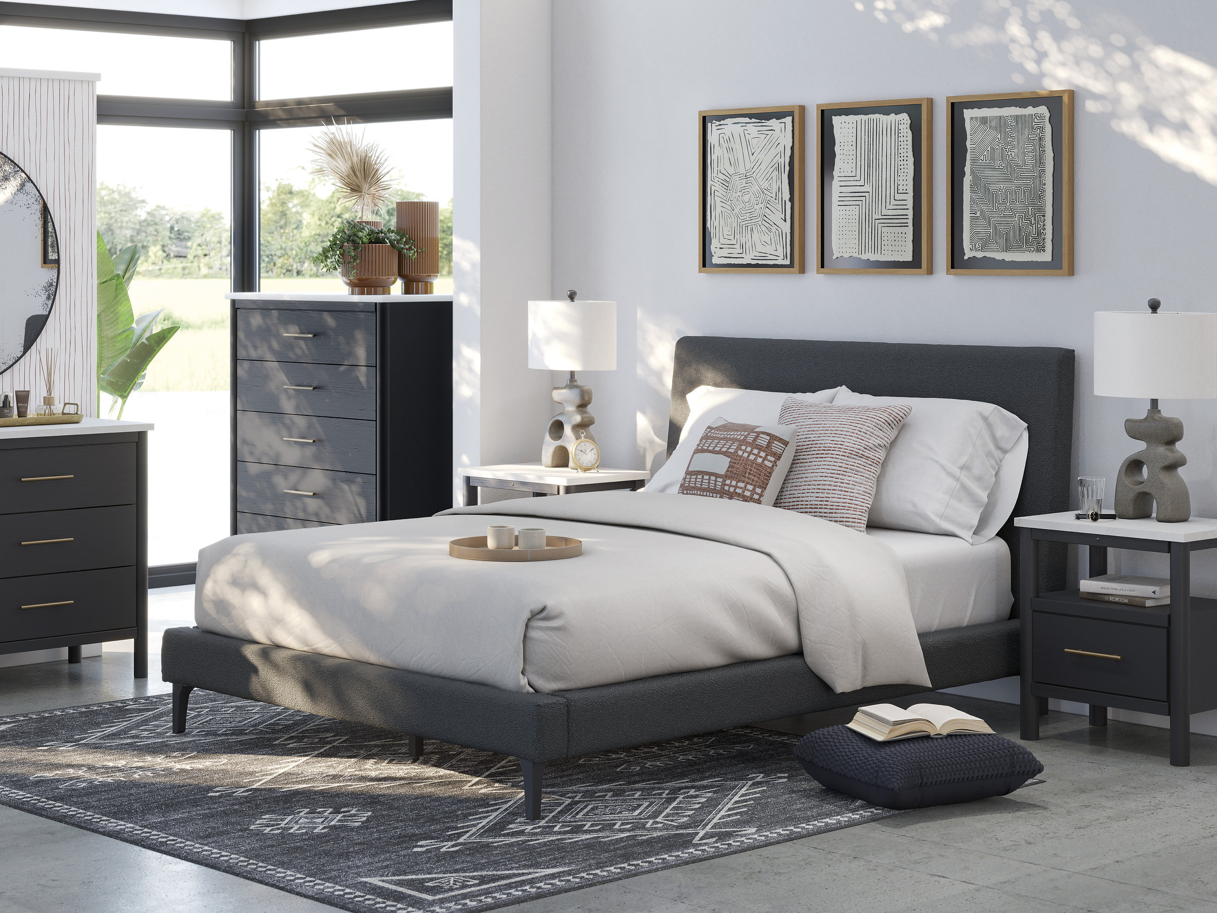 Cadmori Wood/Fabric Upholstered Panel Bedroom Set w/Roll Slats