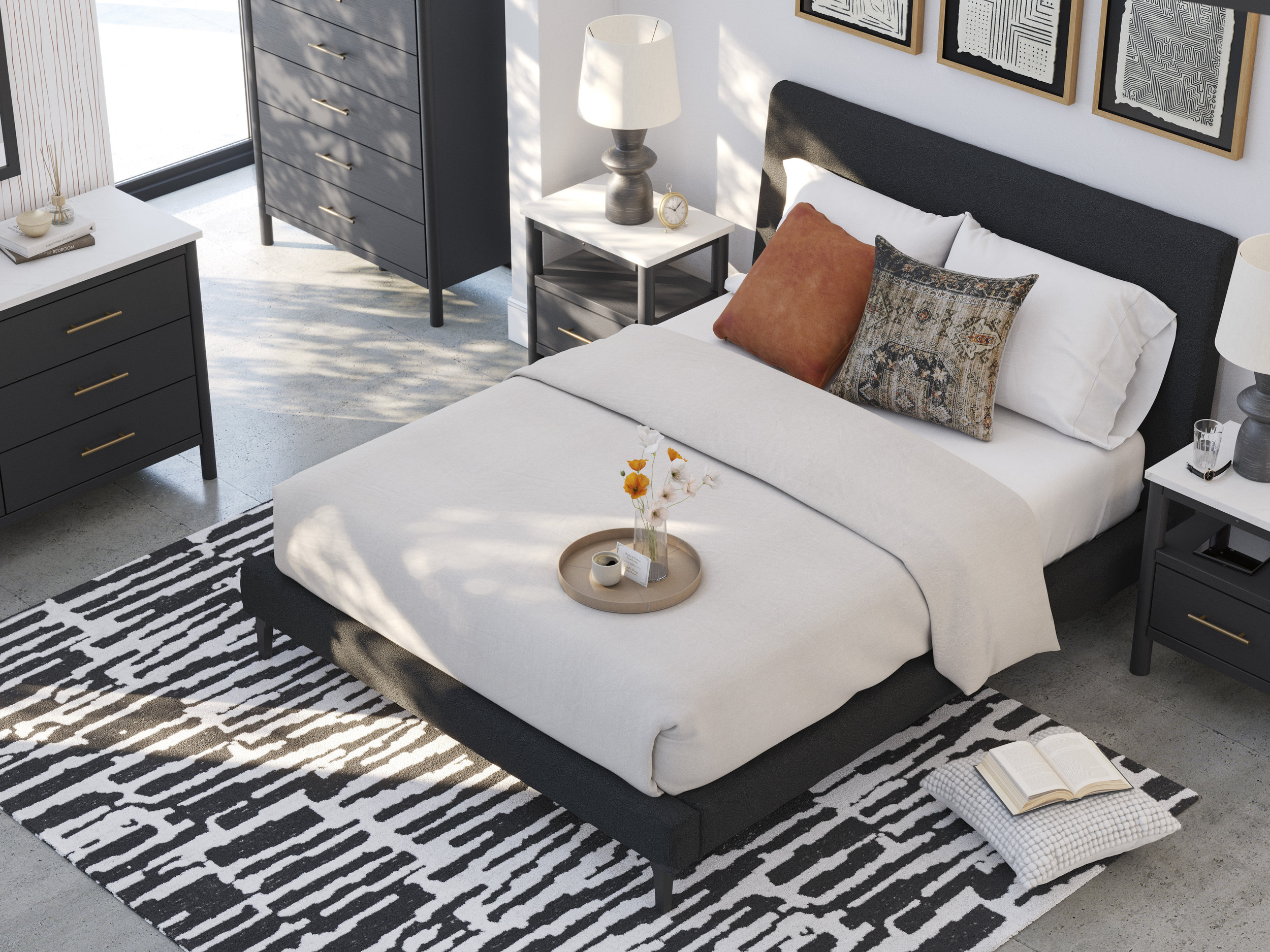 Cadmori Wood/Fabric Upholstered Panel Bedroom Set w/Roll Slats