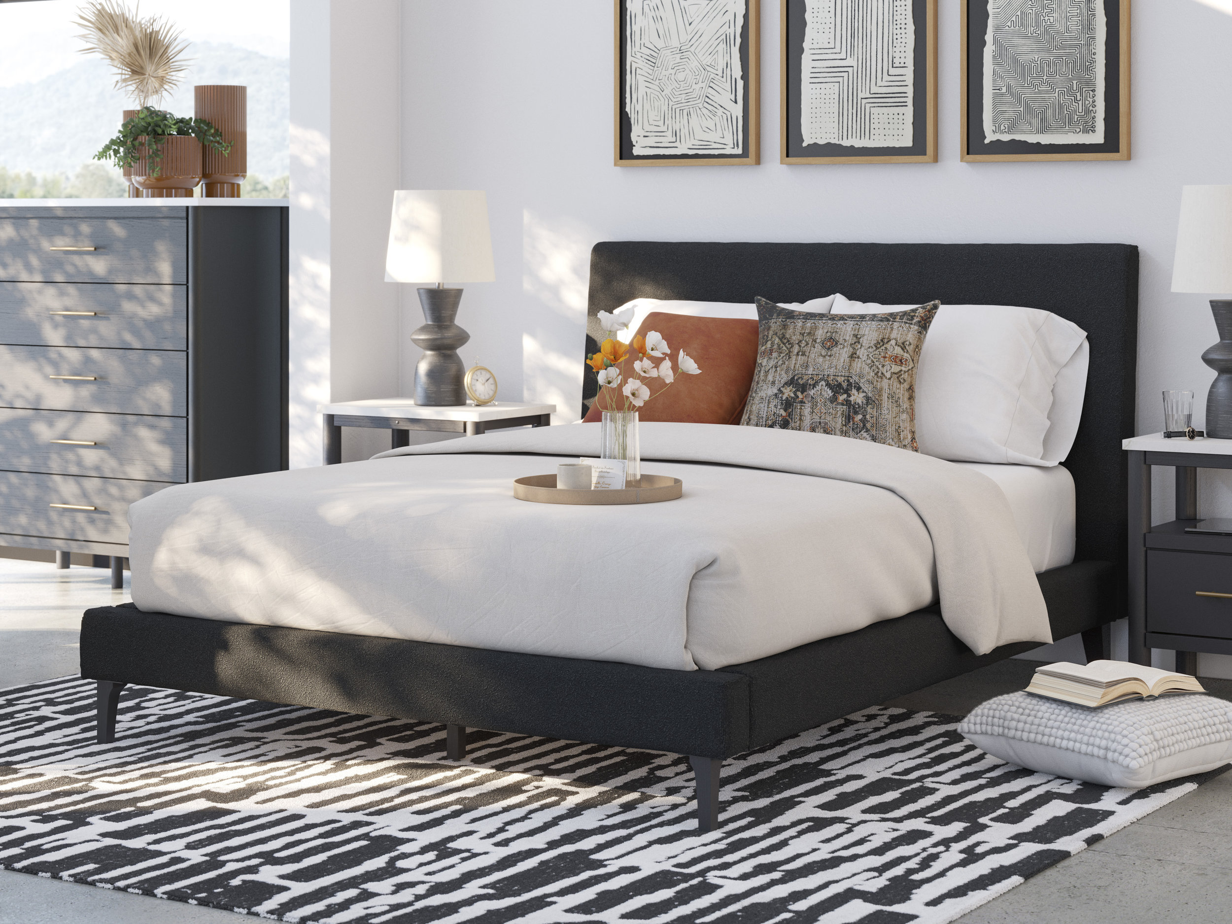 Cadmori Wood/Fabric Upholstered Panel Bedroom Set w/Roll Slats