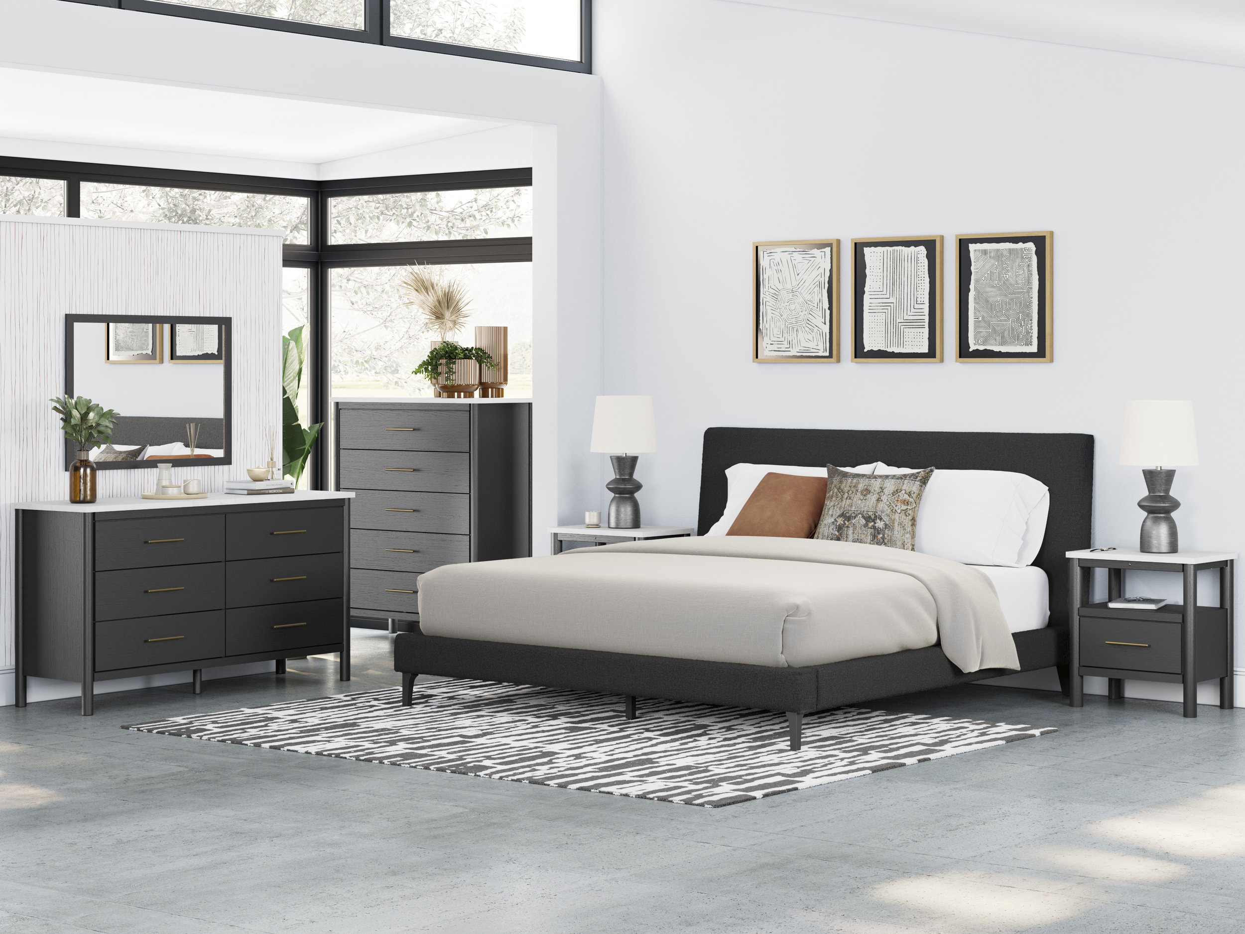 Cadmori Wood/Fabric Upholstered Panel Bedroom Set w/Roll Slats
