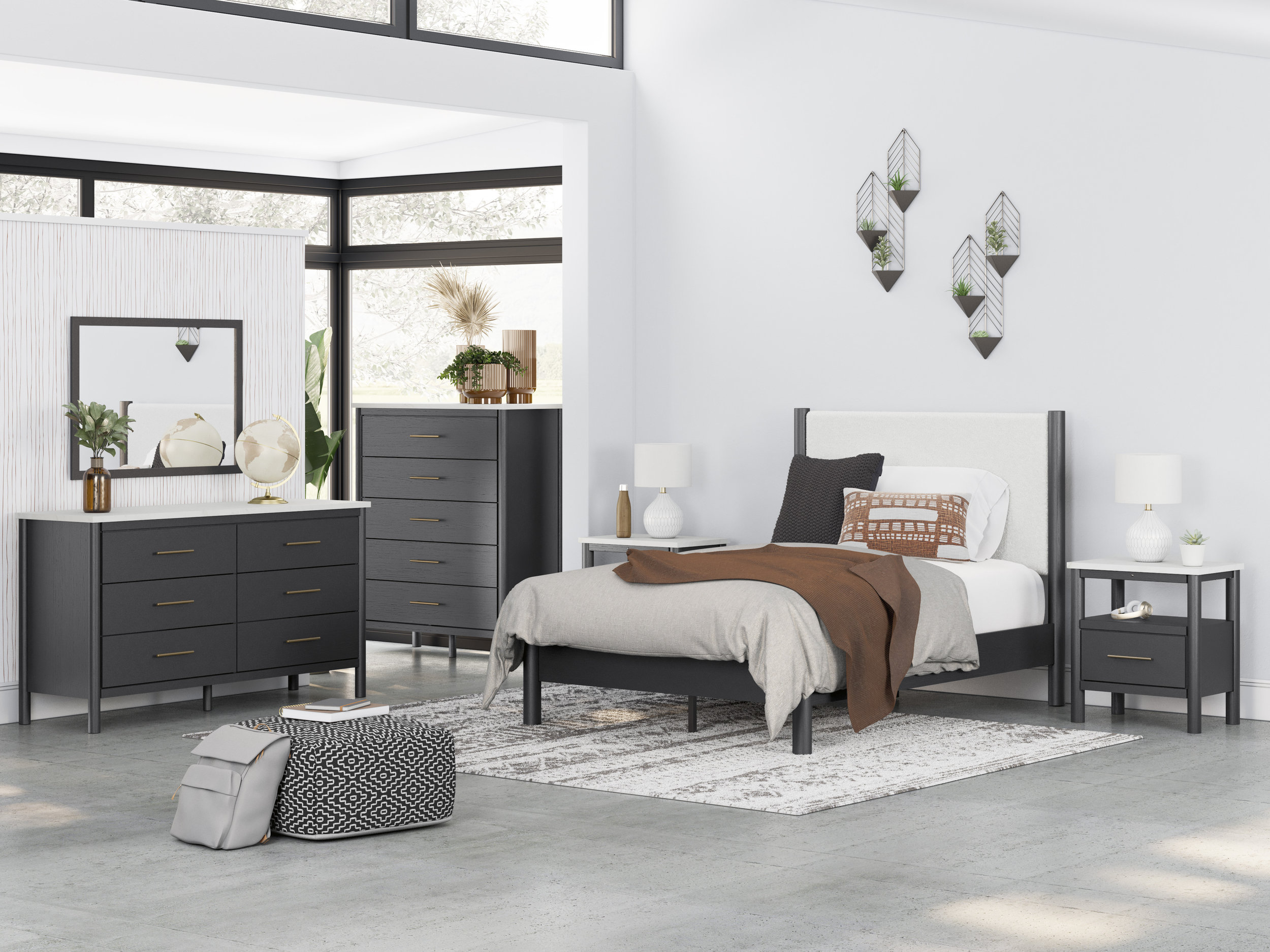 Cadmori Wood/Fabric Upholstered Panel Bedroom Set w/Roll Slats