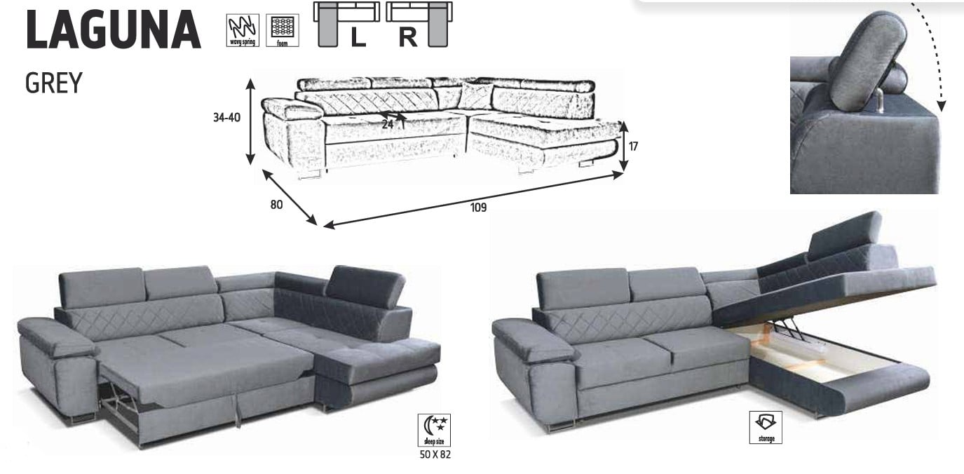 Laguna L-Shaped Fabric Right Convertible Storage Sectional Sofa
