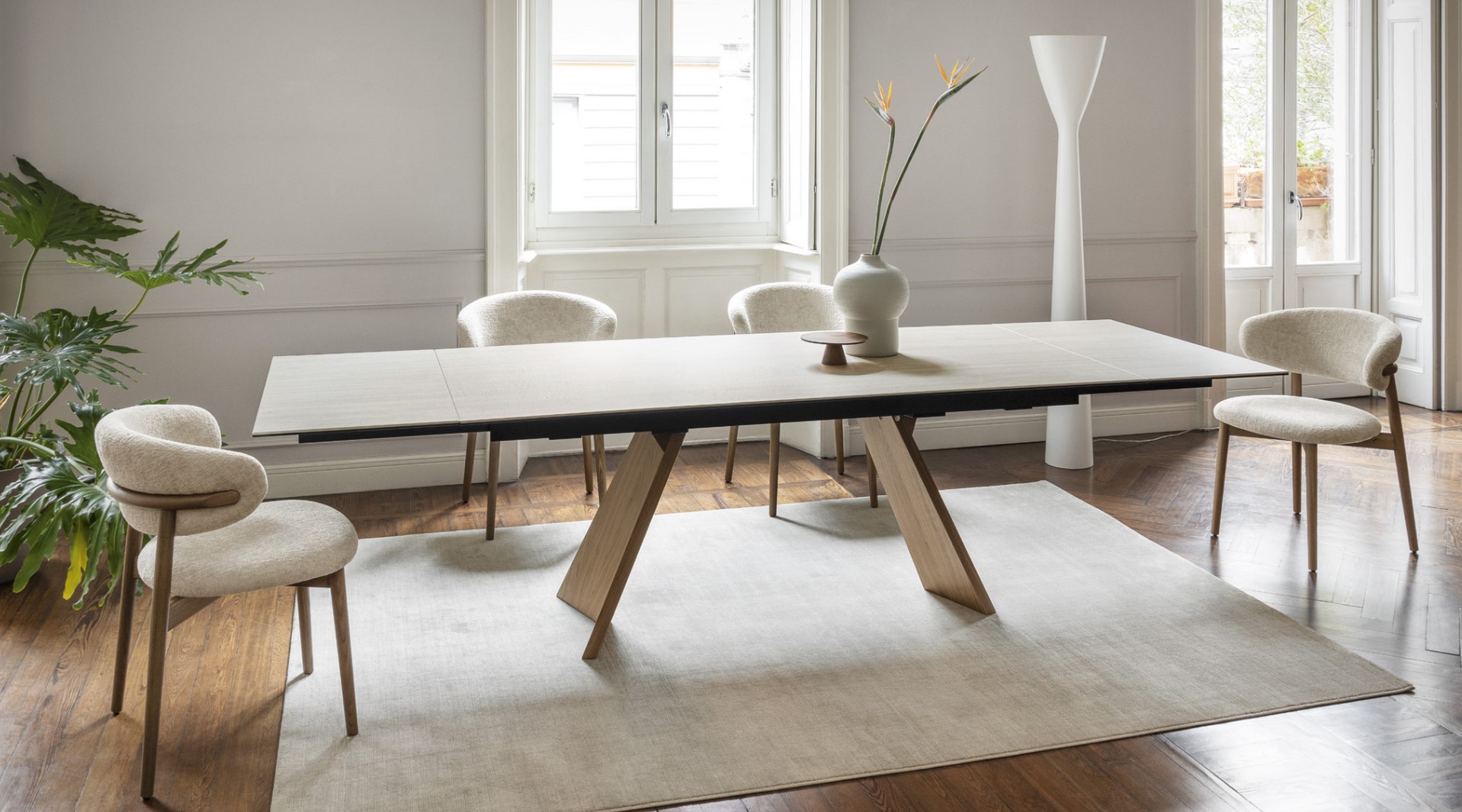 Icaro W63"-94.5" Rectangular Ceramic/Wood Veneer Extendable Dining Table