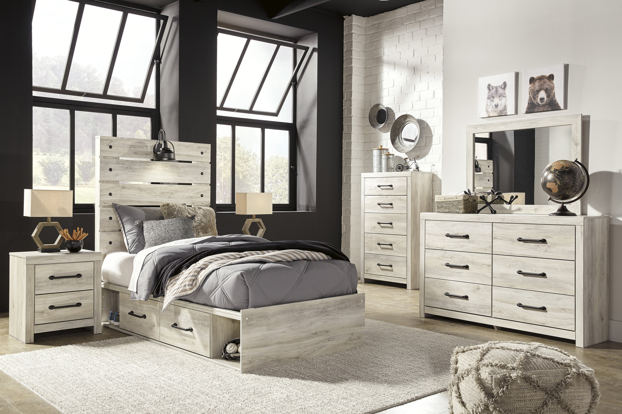 Cambeck MDF/Wood Veneer Panel Bedroom Set w/2 Storage Drawers