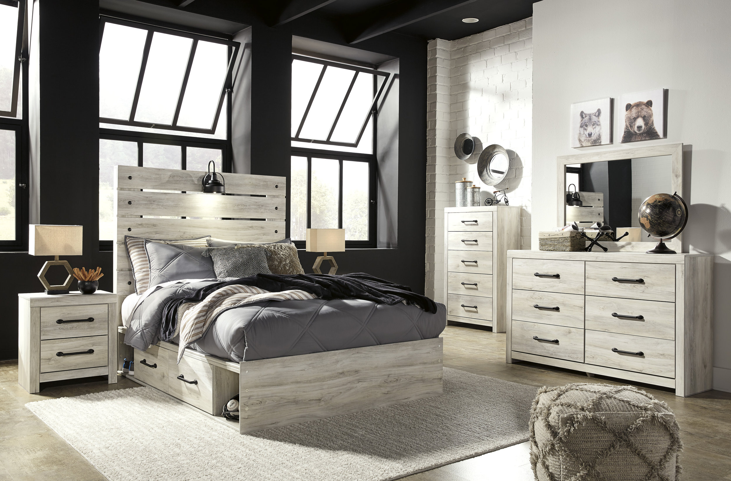 Cambeck MDF/Wood Veneer Panel Bedroom Set w/2 Storage Drawers