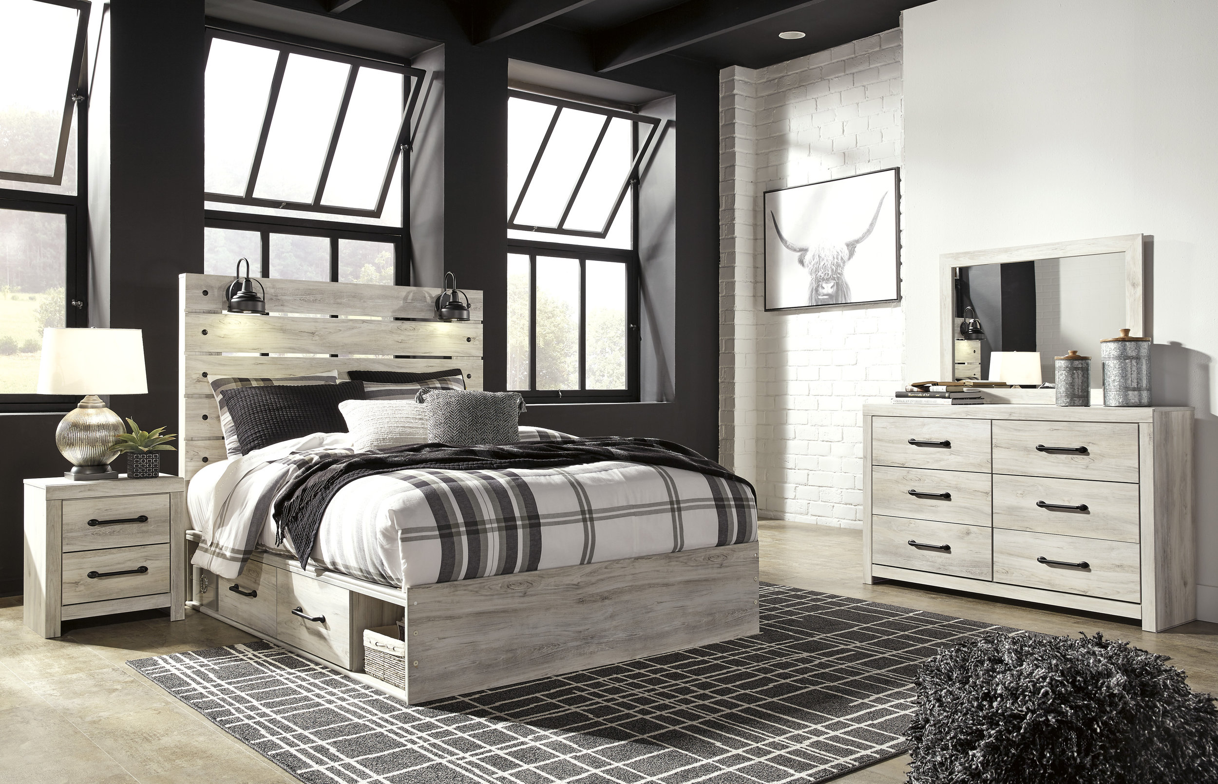 Cambeck MDF/Wood Veneer Panel Bedroom Set w/2 Storage Drawers