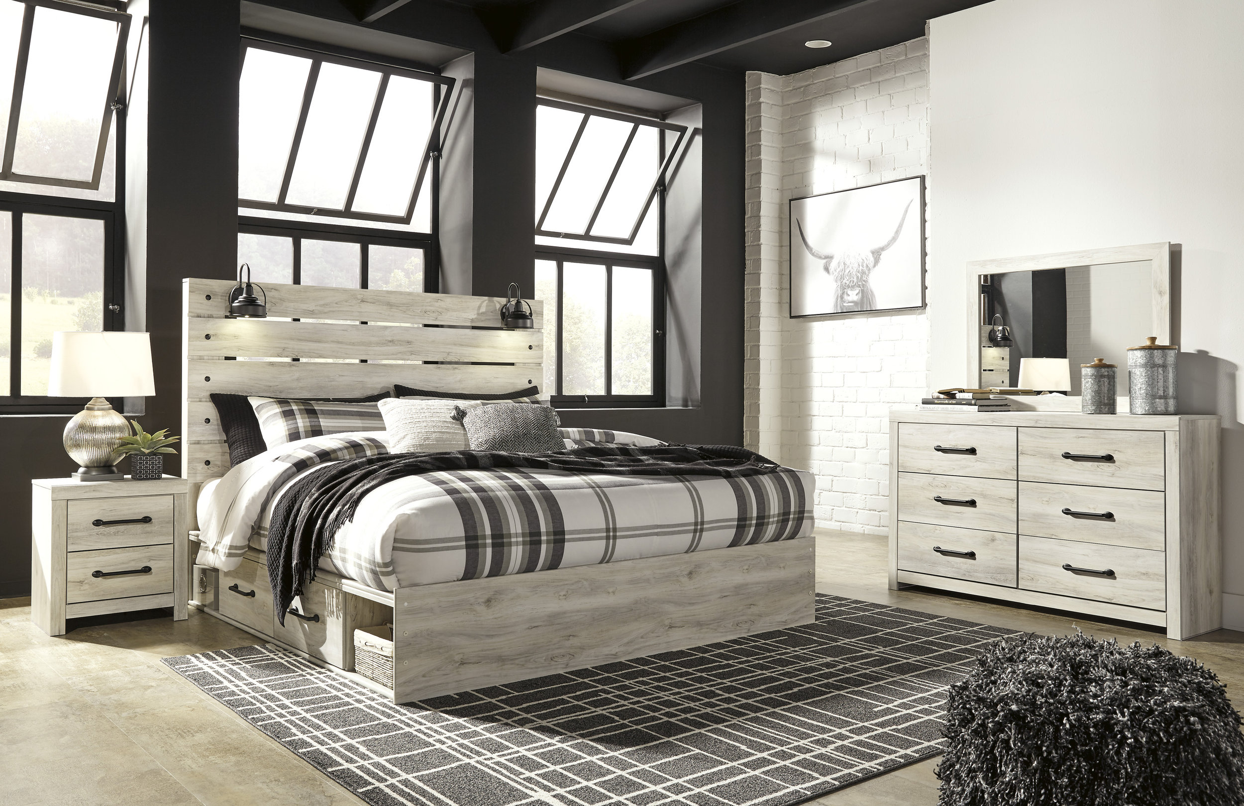 Cambeck MDF/Wood Veneer Panel Bedroom Set w/2 Storage Drawers