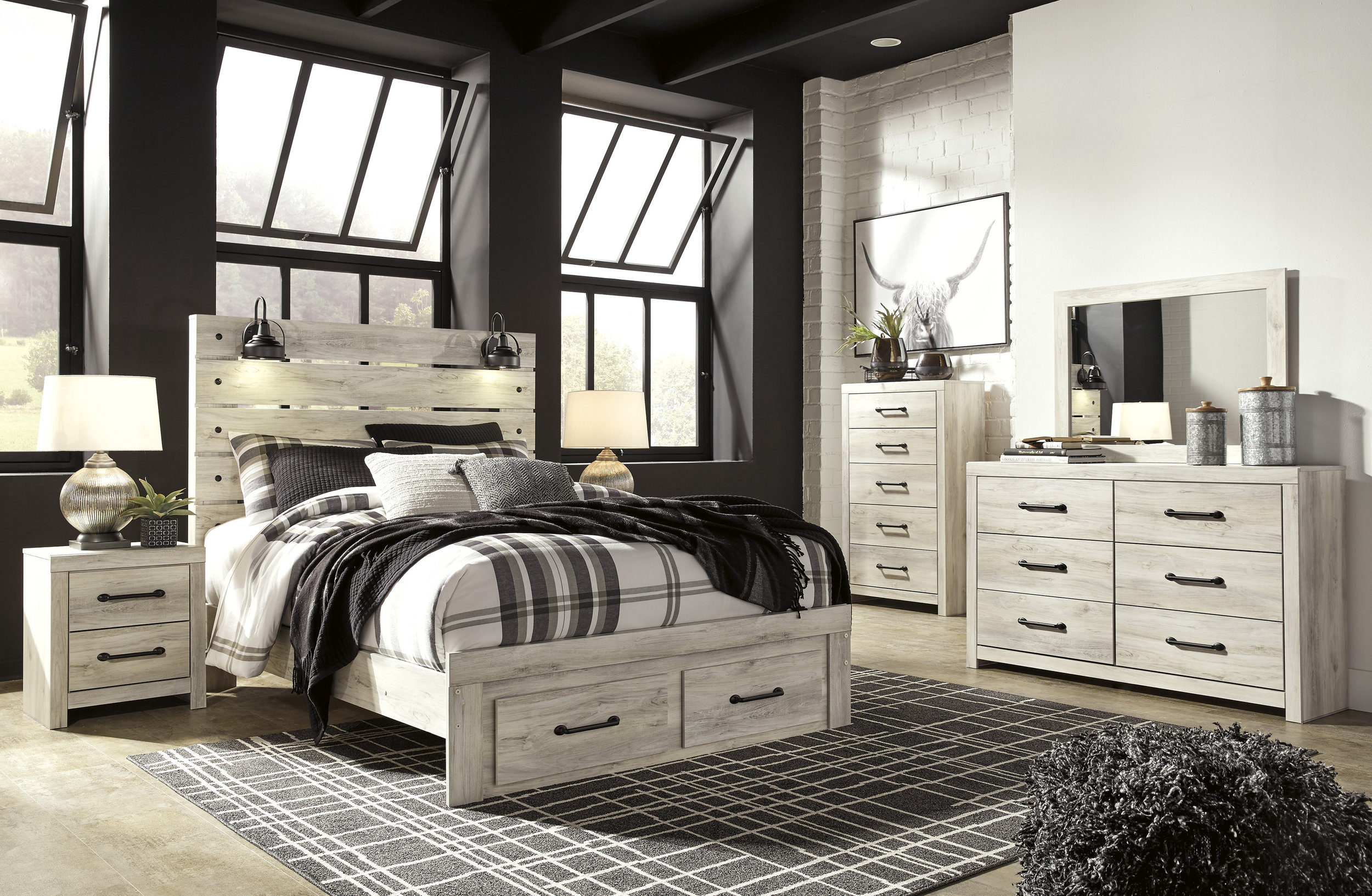 Cambeck MDF/Wood Veneer Panel Bedroom Set w/2 Drawers