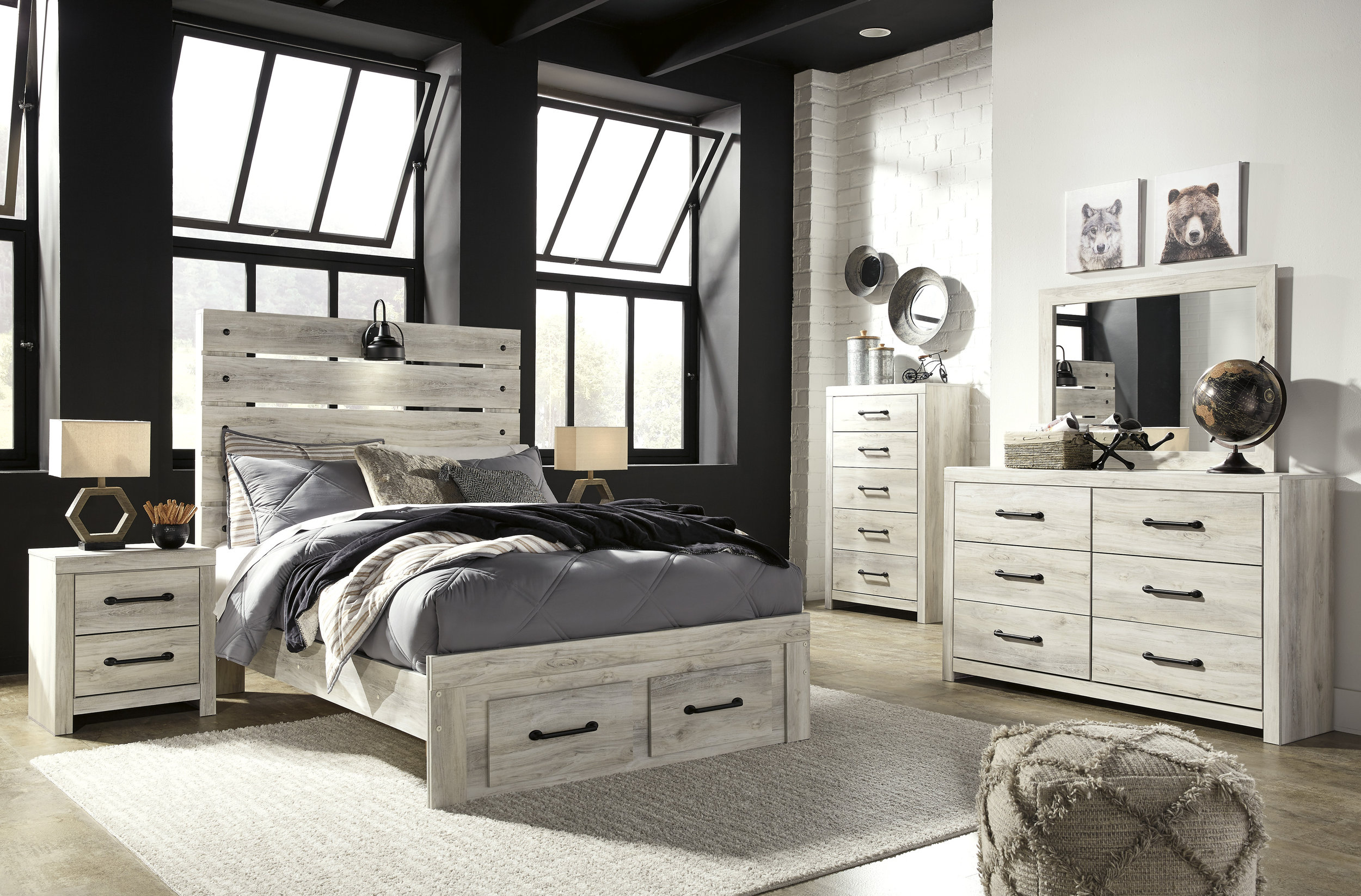 Cambeck MDF/Wood Veneer Panel Bedroom Set w/2 Drawers