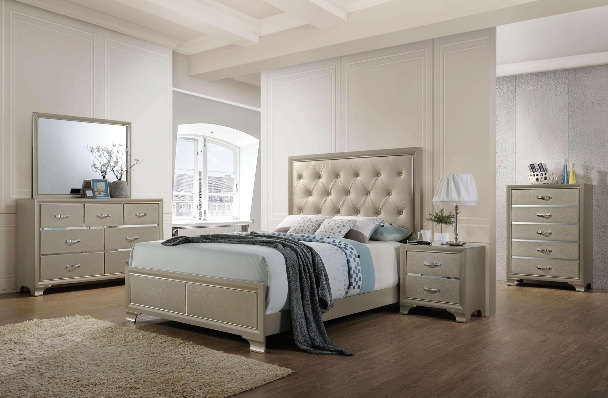 Carine Leatherette/Wood Tufted Sleigh Bed, Queen Size
