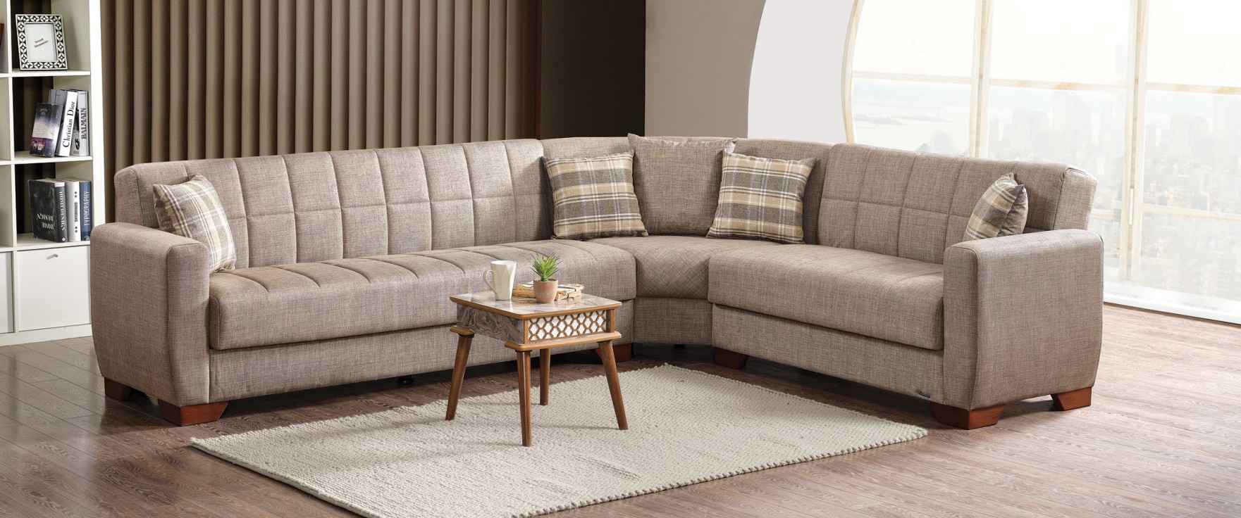 Barato Large L-Shaped Sectional Sofa with Channel Tufting and Plaid Pillows, Compostion 1