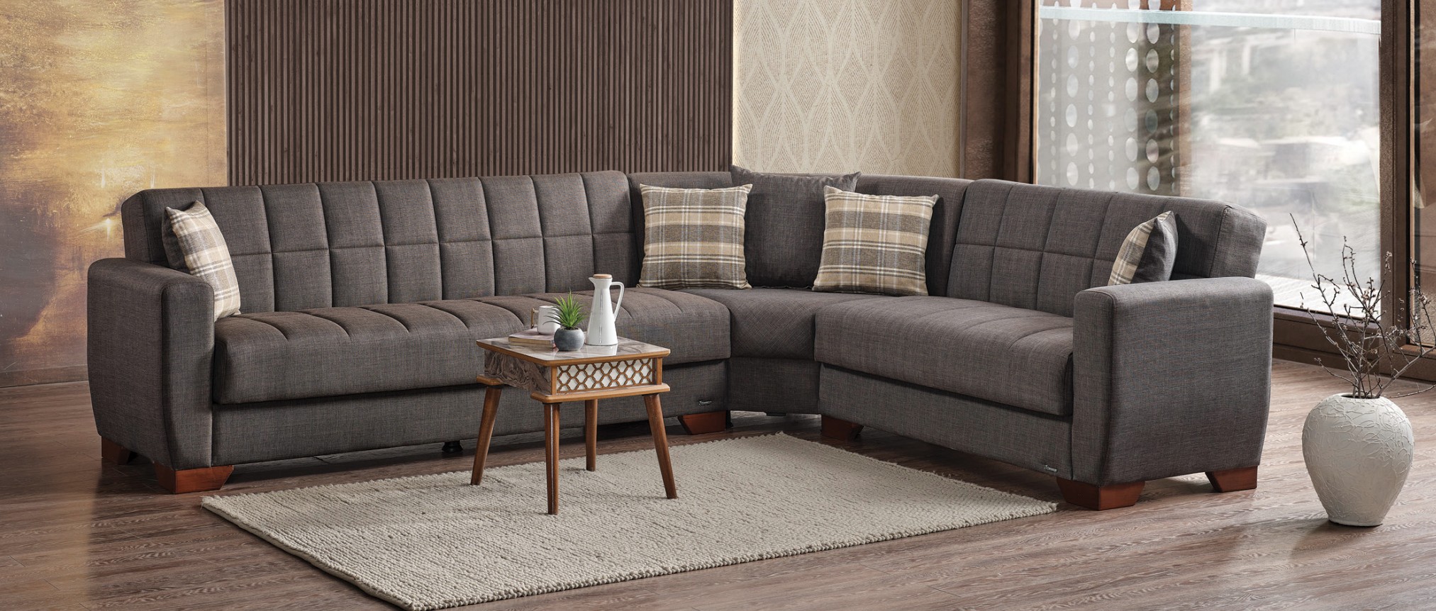 Barato Large L-Shaped Sectional Sofa with Channel Tufting and Plaid Pillows, Compostion 1