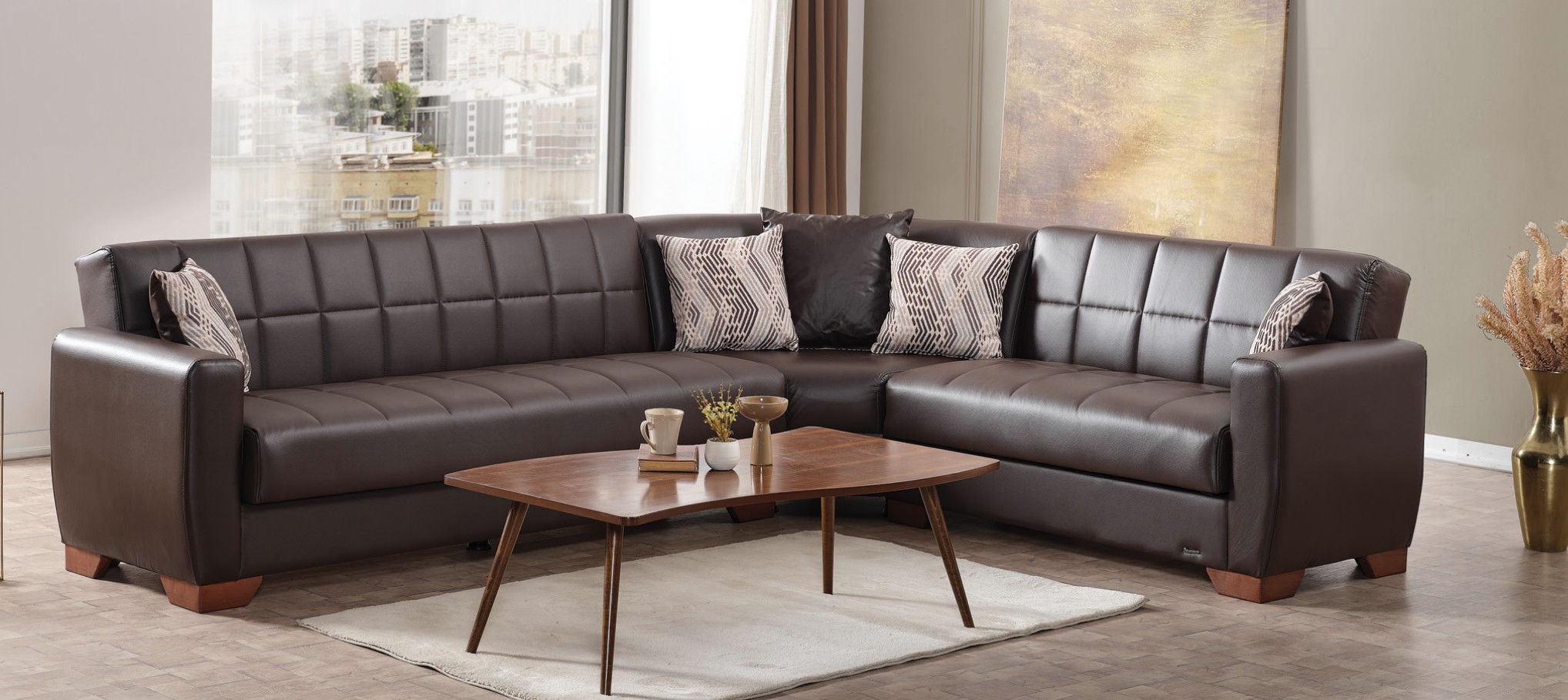 Barato Large L-Shaped Sectional Sofa with Channel Tufting and Plaid Pillows, Compostion 1