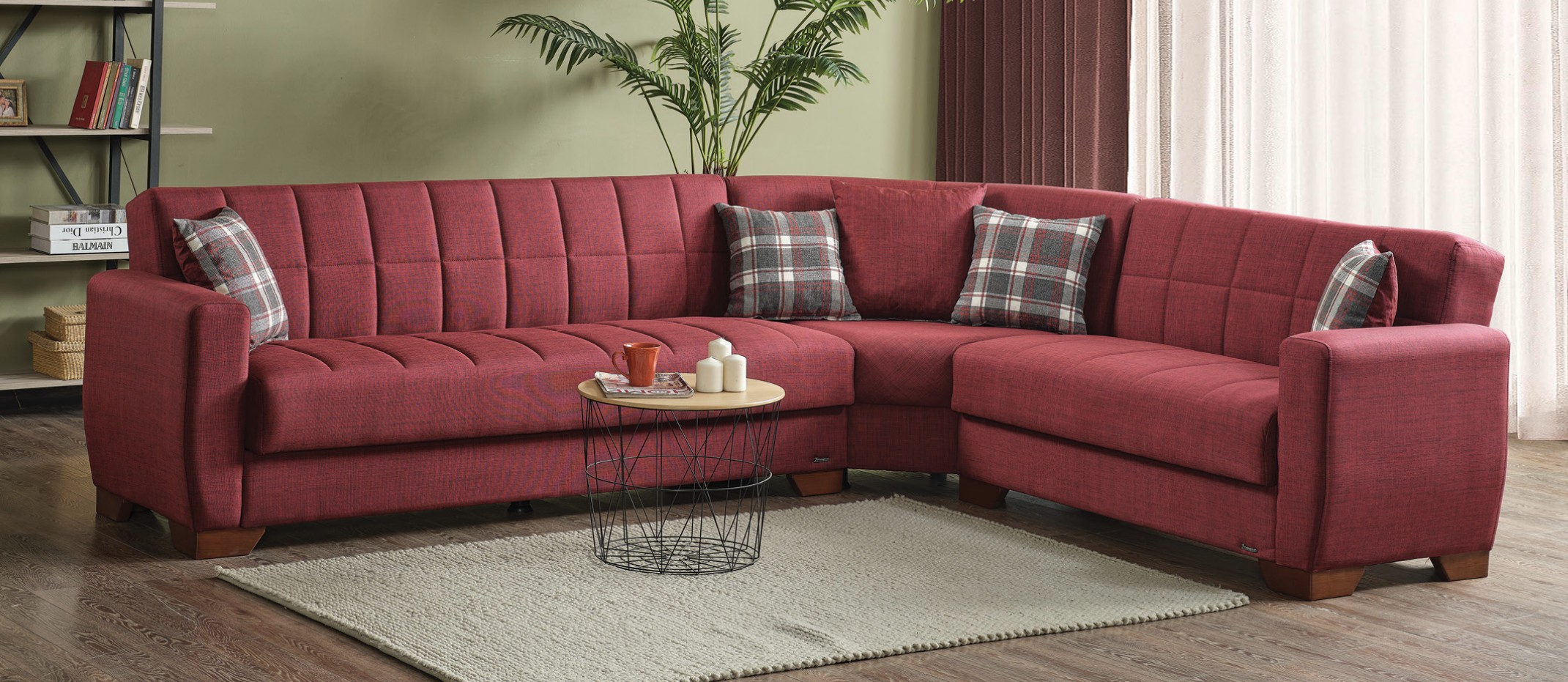Barato Large L-Shaped Sectional Sofa with Channel Tufting and Plaid Pillows, Compostion 1