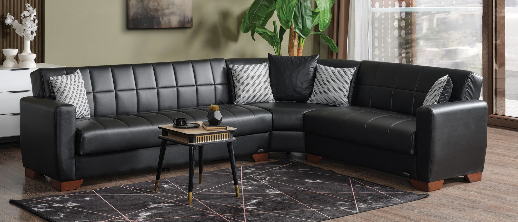 Barato Large L-Shaped Sectional Sofa with Channel Tufting and Plaid Pillows, Compostion 1