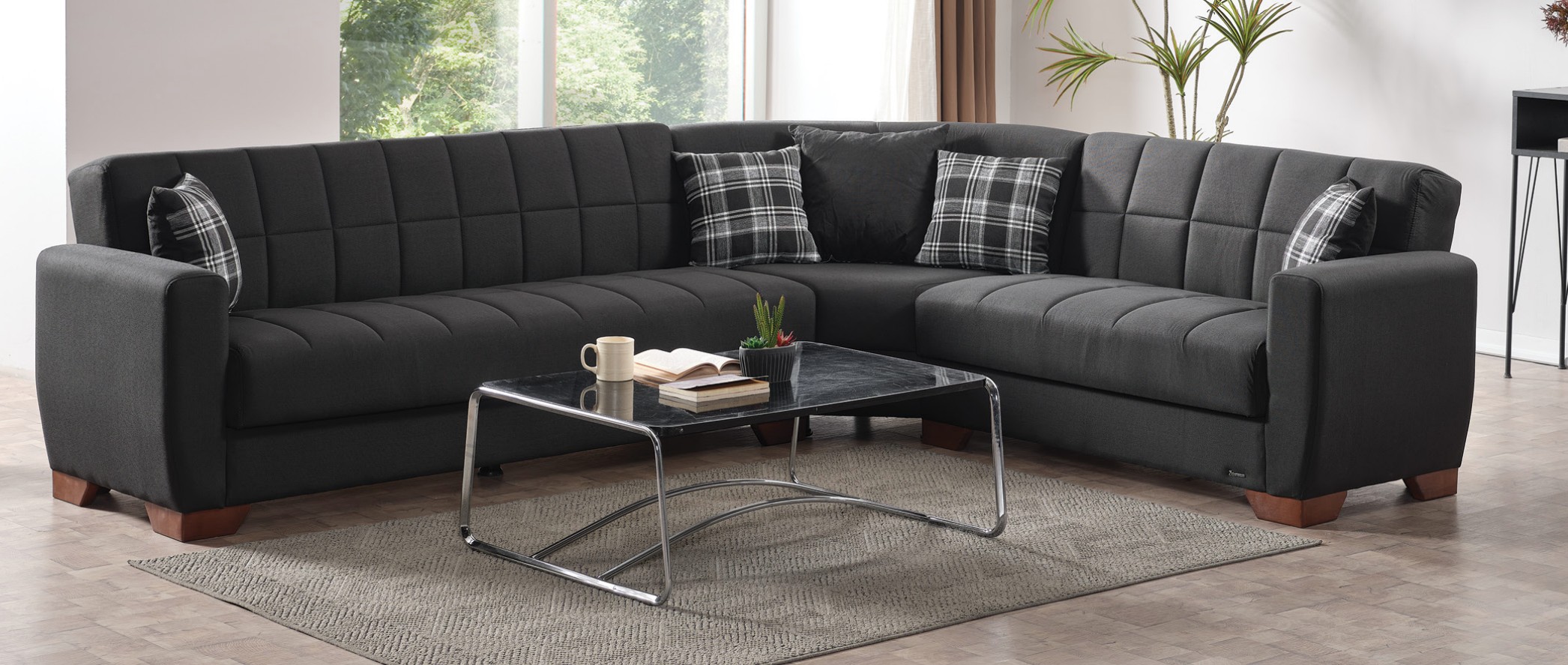 Barato Large L-Shaped Sectional Sofa with Channel Tufting and Plaid Pillows, Compostion 1