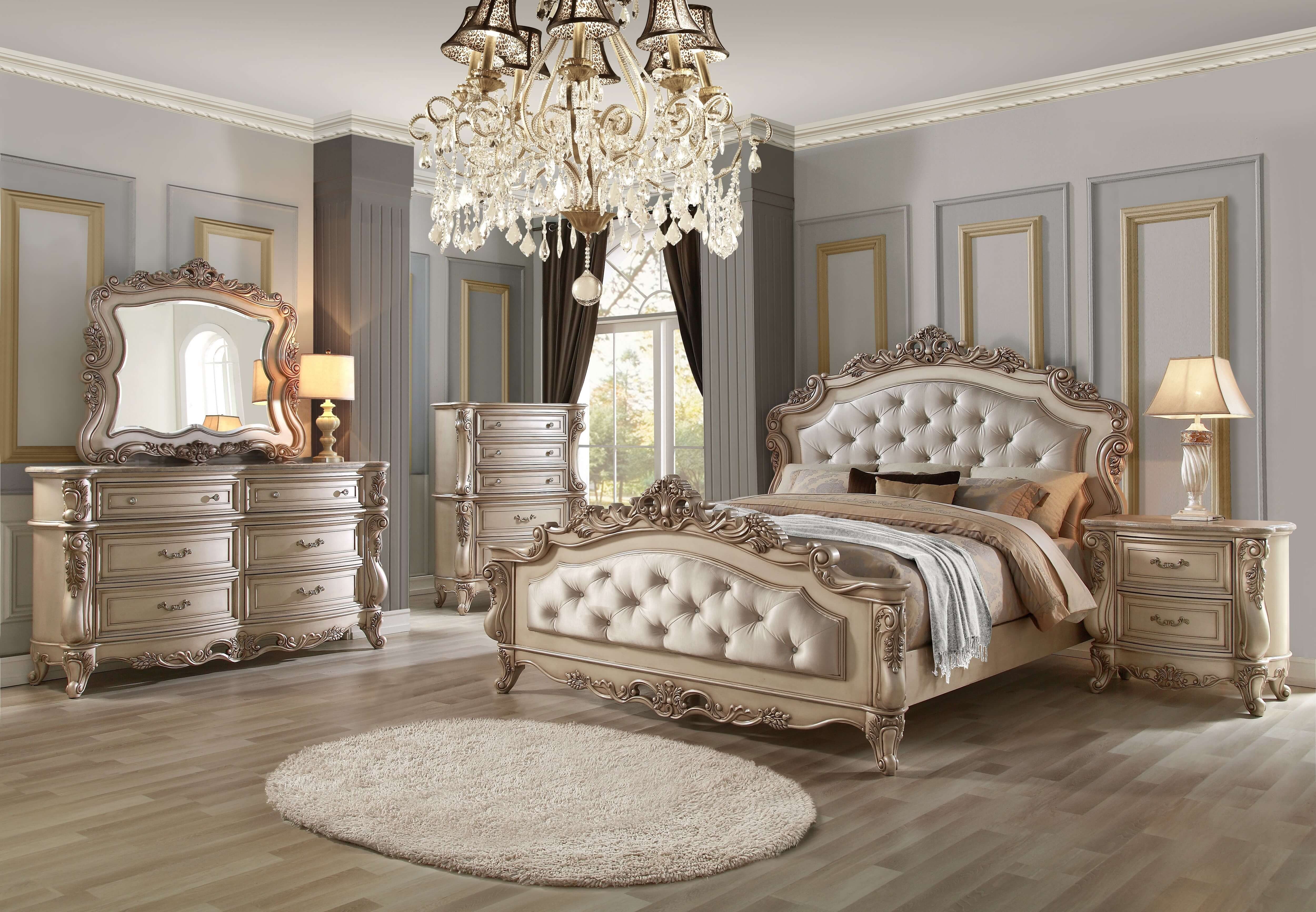ACME Gorsedd Fabric Tufted Panel Bedroom Set, Antique White