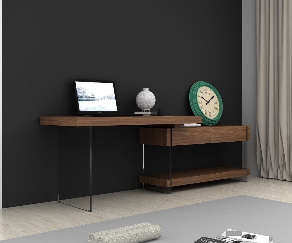 Elm Modern Wood Veneer/Glass Office Desk w/Storage Drawers by J&M Furniture