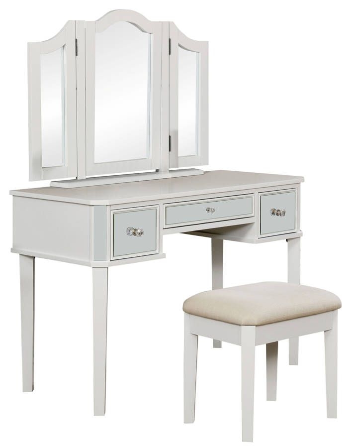 Clarisse Wood/Mirror Storage Vanity Dresser w/3 Drawers, Mirror & Stool