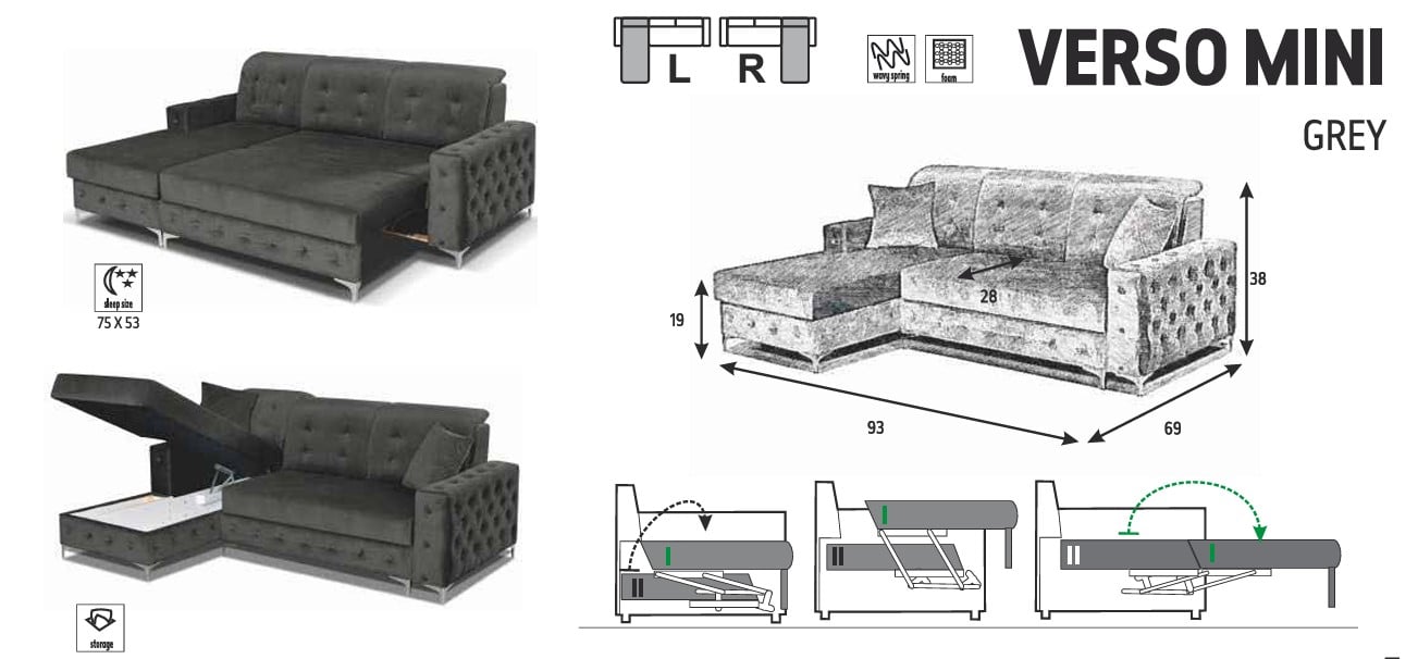 Verso L-Shaped Fabric Left Convertible Storage Sectional Sofa