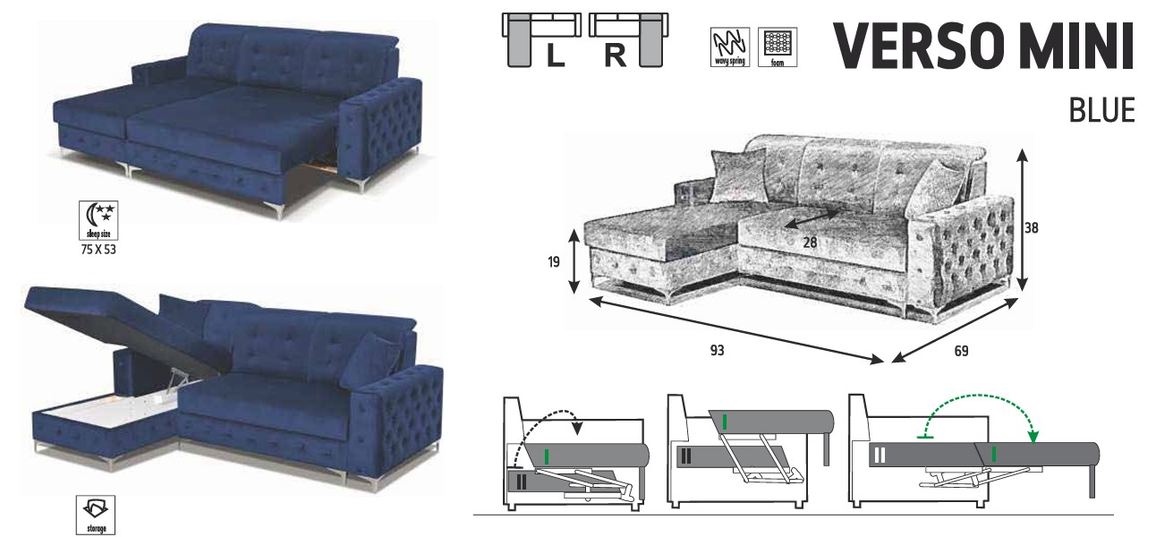 Verso L-Shaped Fabric Left Convertible Storage Sectional Sofa