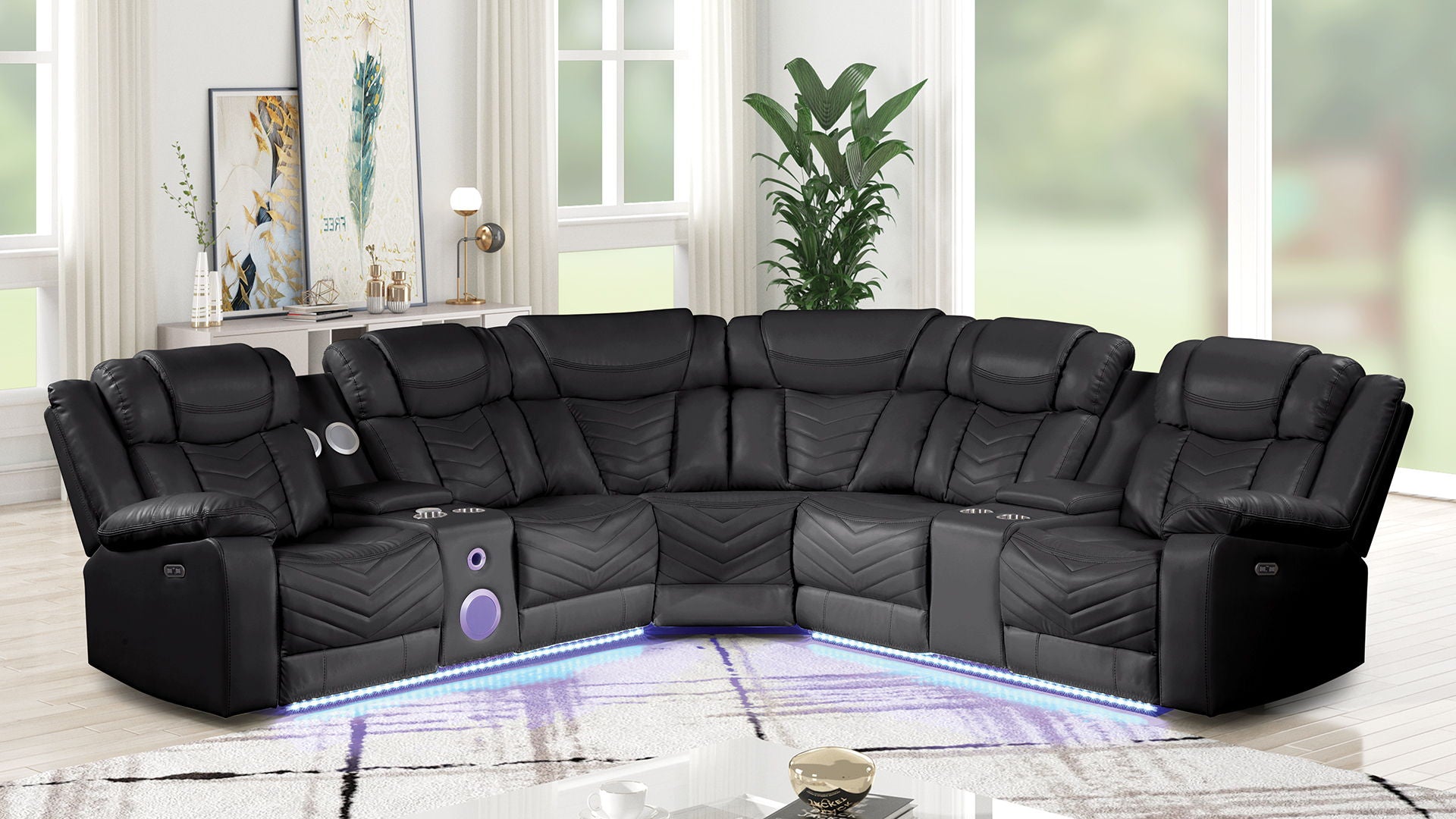 Challenger Faux Leather Recliner Sectional Sofa with Bluetooth Speakers & LED Lights