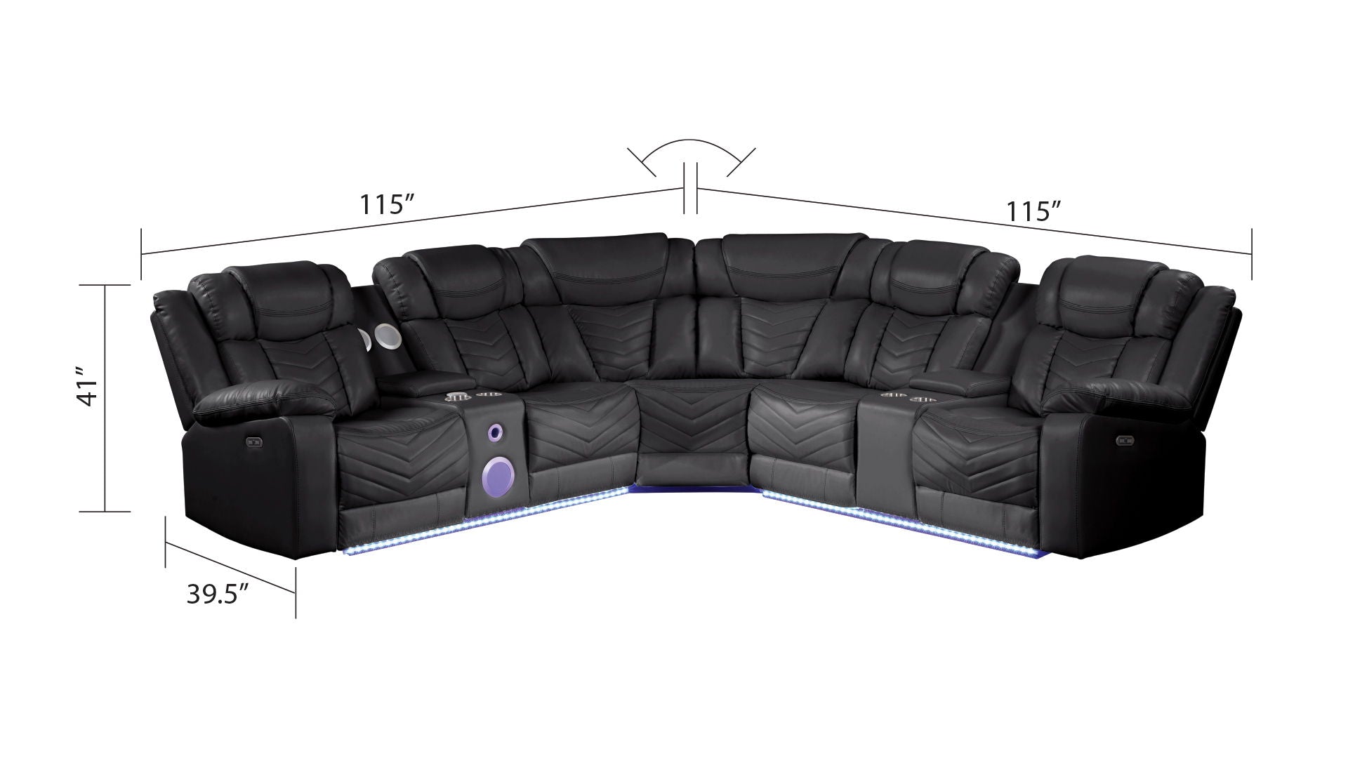 Challenger Faux Leather Recliner Sectional Sofa with Bluetooth Speakers & LED Lights