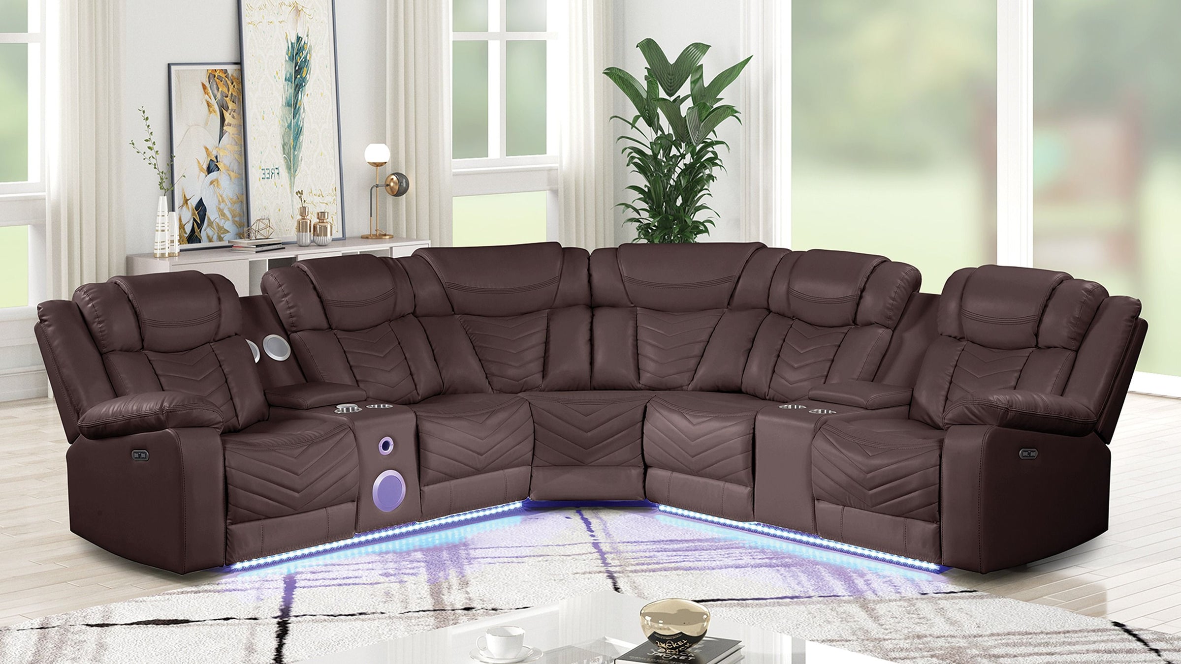 Challenger Faux Leather Recliner Sectional Sofa with Bluetooth Speakers & LED Lights