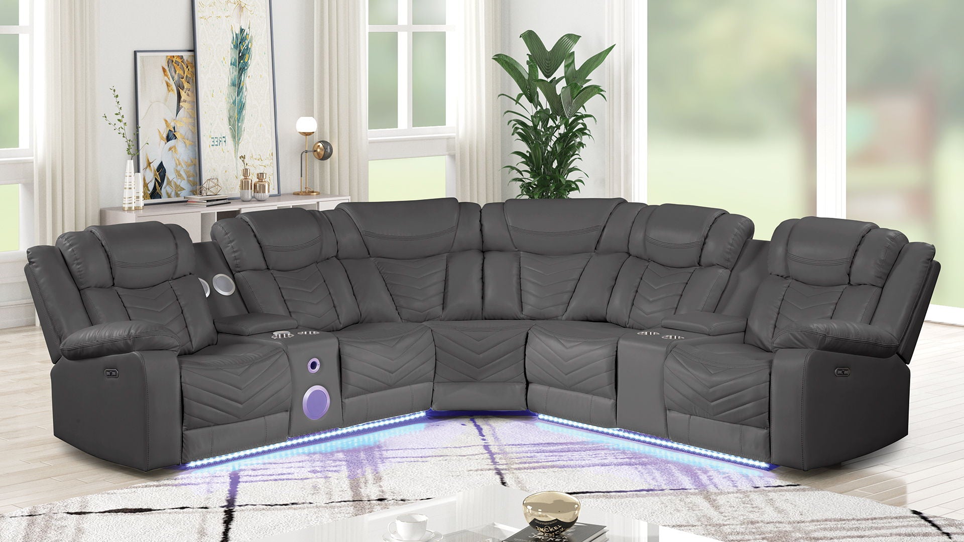 Challenger Faux Leather Recliner Sectional Sofa with Bluetooth Speakers & LED Lights