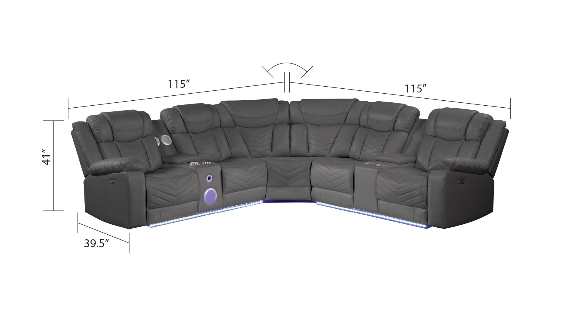 Challenger Faux Leather Recliner Sectional Sofa with Bluetooth Speakers & LED Lights