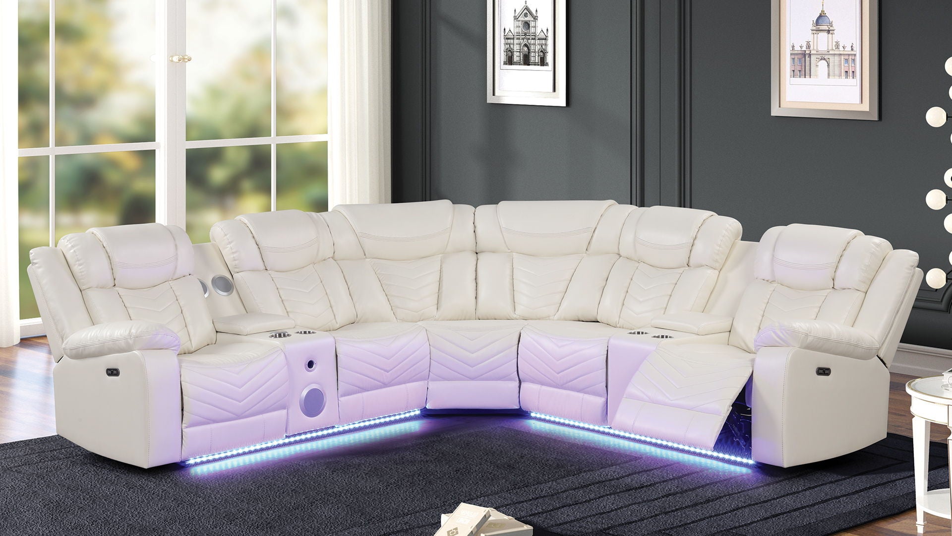 Challenger Faux Leather Recliner Sectional Sofa with Bluetooth Speakers & LED Lights