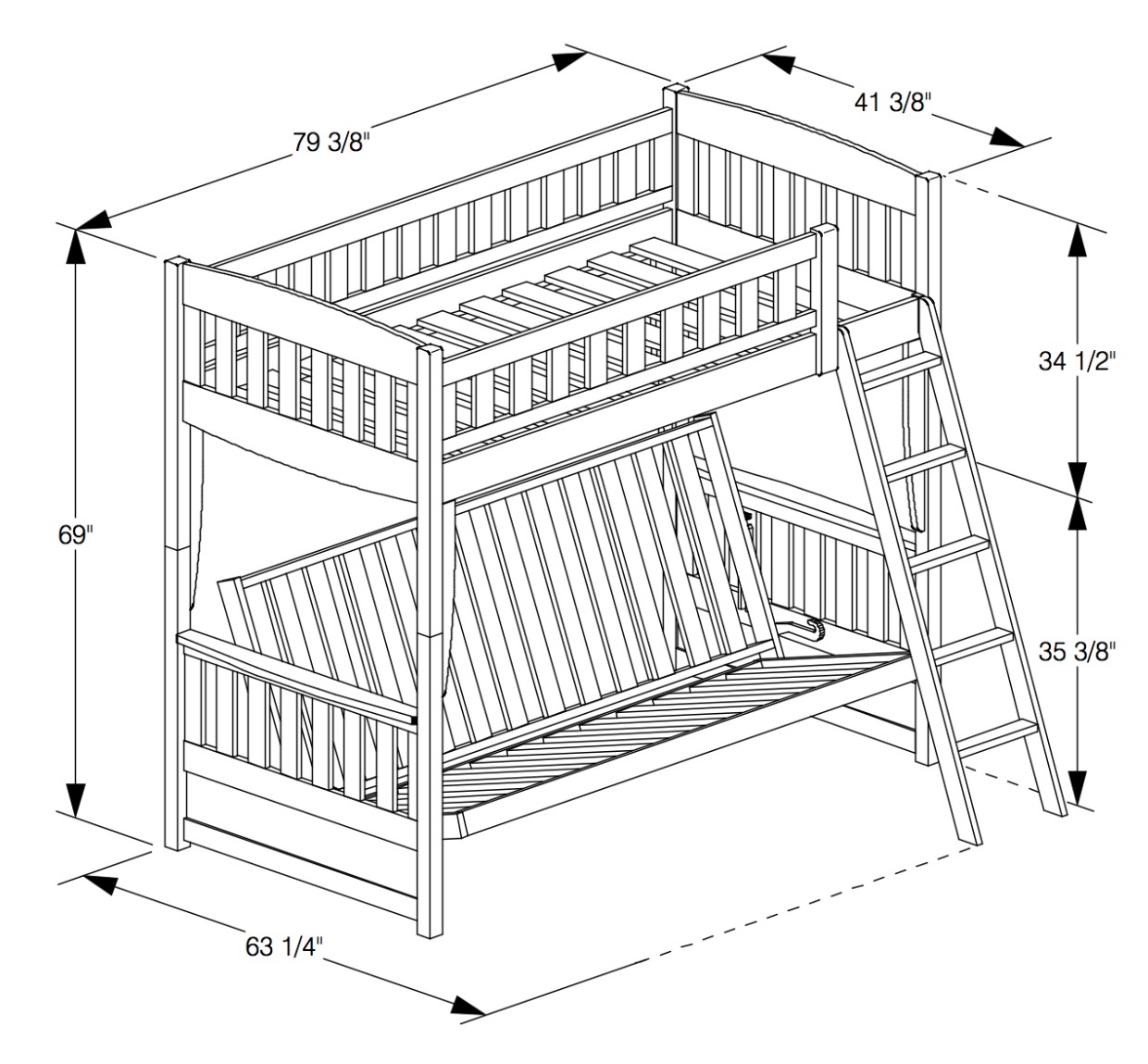 Cinnamon Wood Bunk/Futon Bed, Twin/Full Size