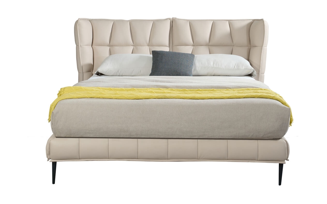 Claire Full Leather Upholstered Platform Queen Size Bed with Tufted Headboard