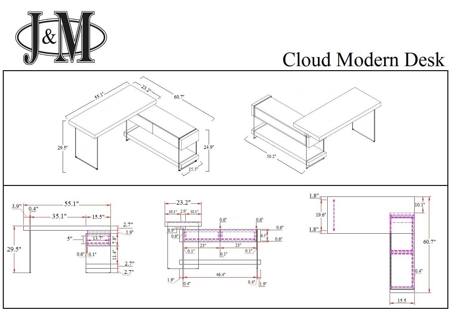 Cloud Modern Office Desk w/Storage Drawers