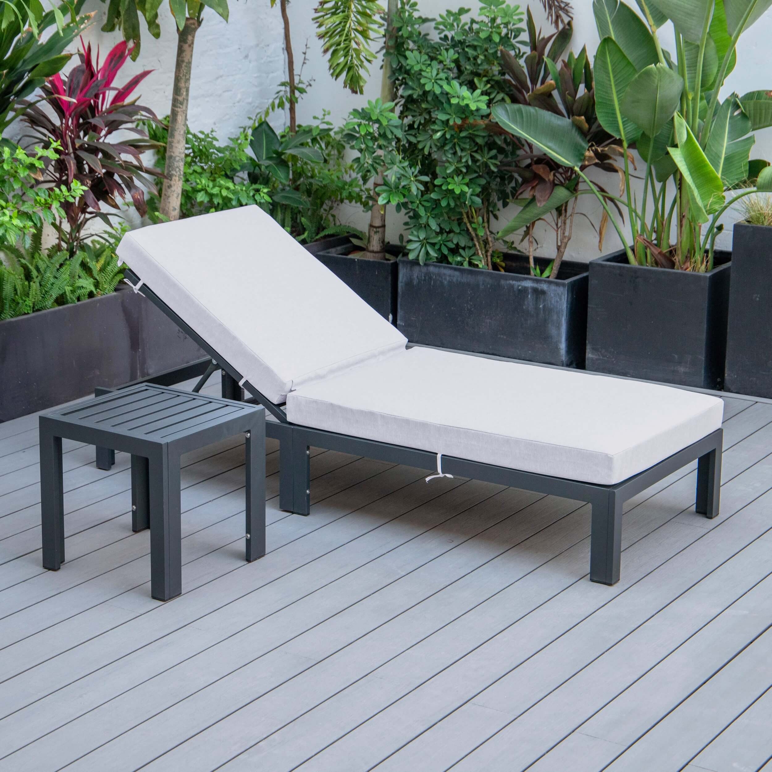 Chelsea Modern Aluminum Outdoor Chaise Lounge with Side Table & Cushions