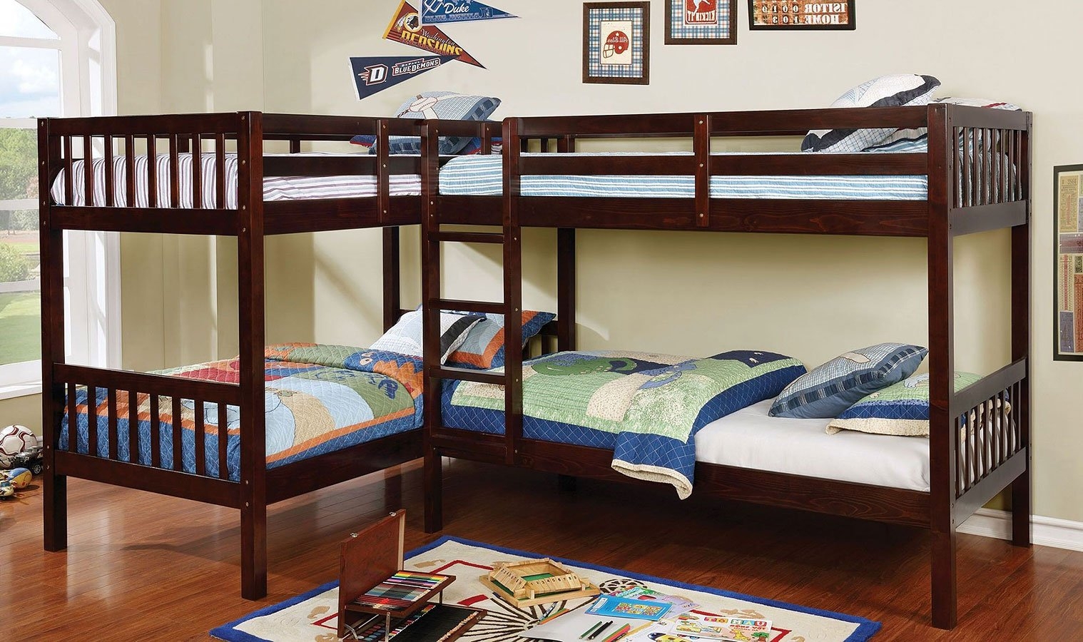Marquette Wood L-Shaped Quadruple Bunk Bed, Twin Size