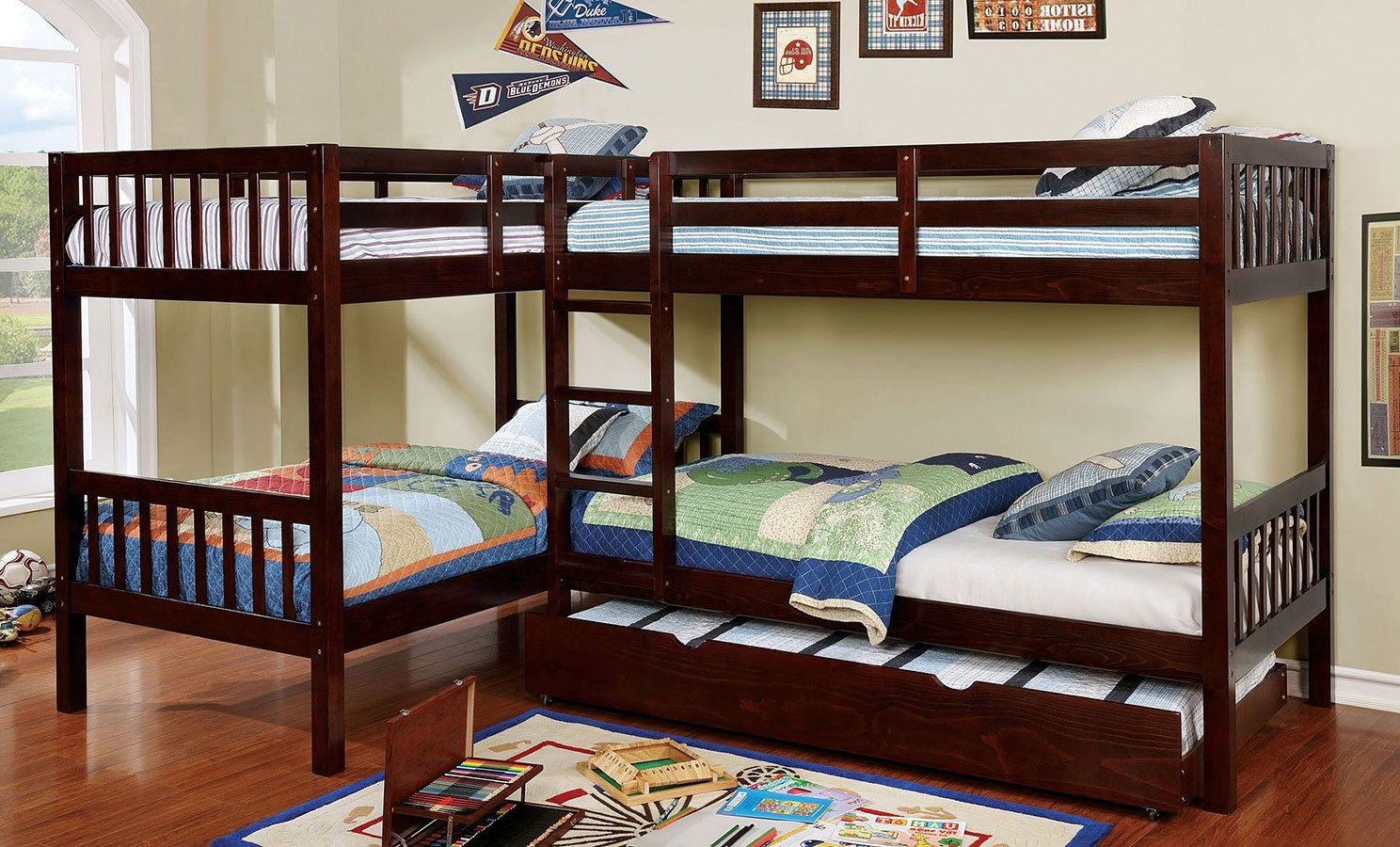 Marquette Wood L-Shaped Quadruple Bunk Bed, Twin Size
