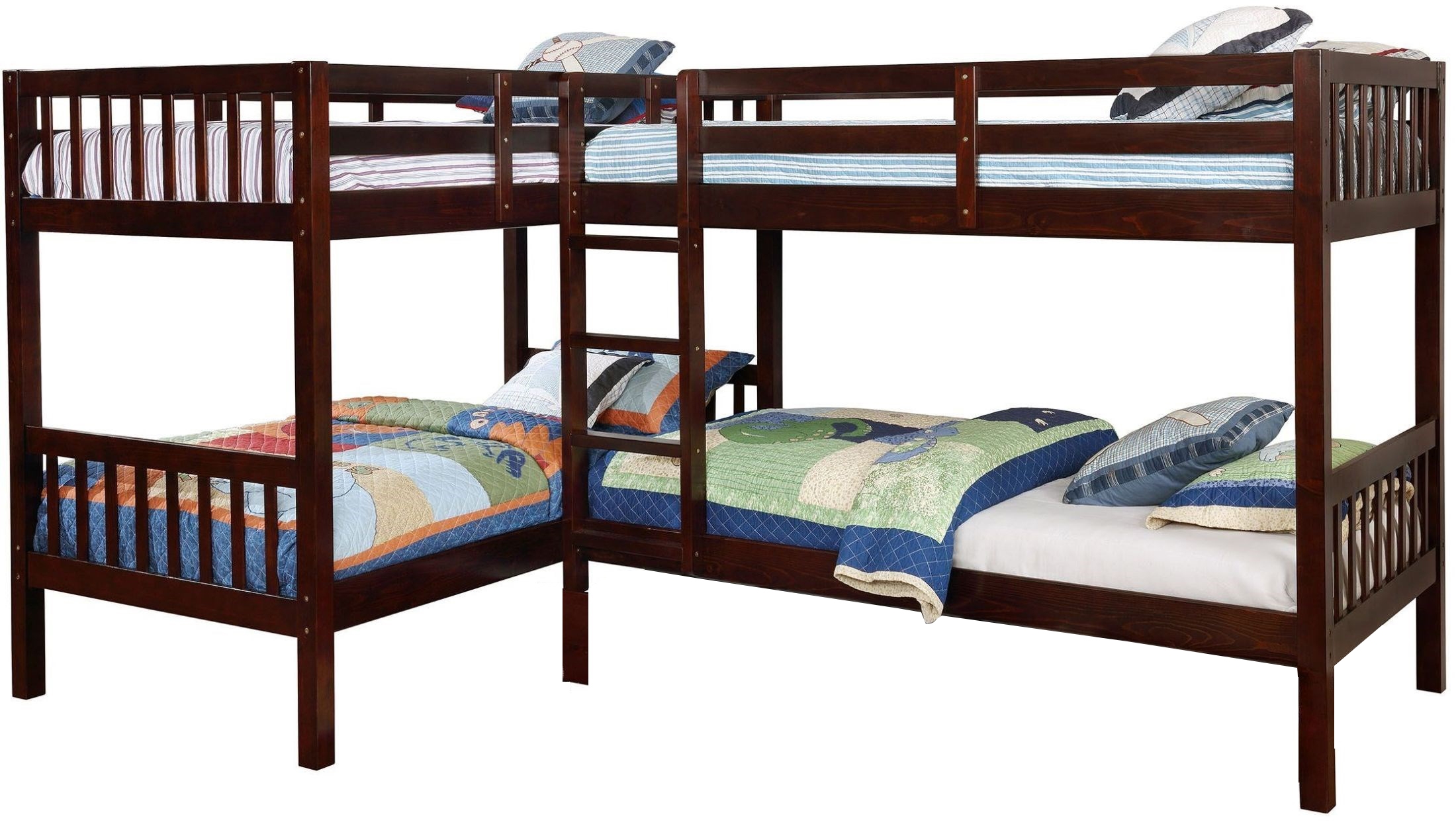 Marquette Wood L-Shaped Quadruple Bunk Bed, Twin Size