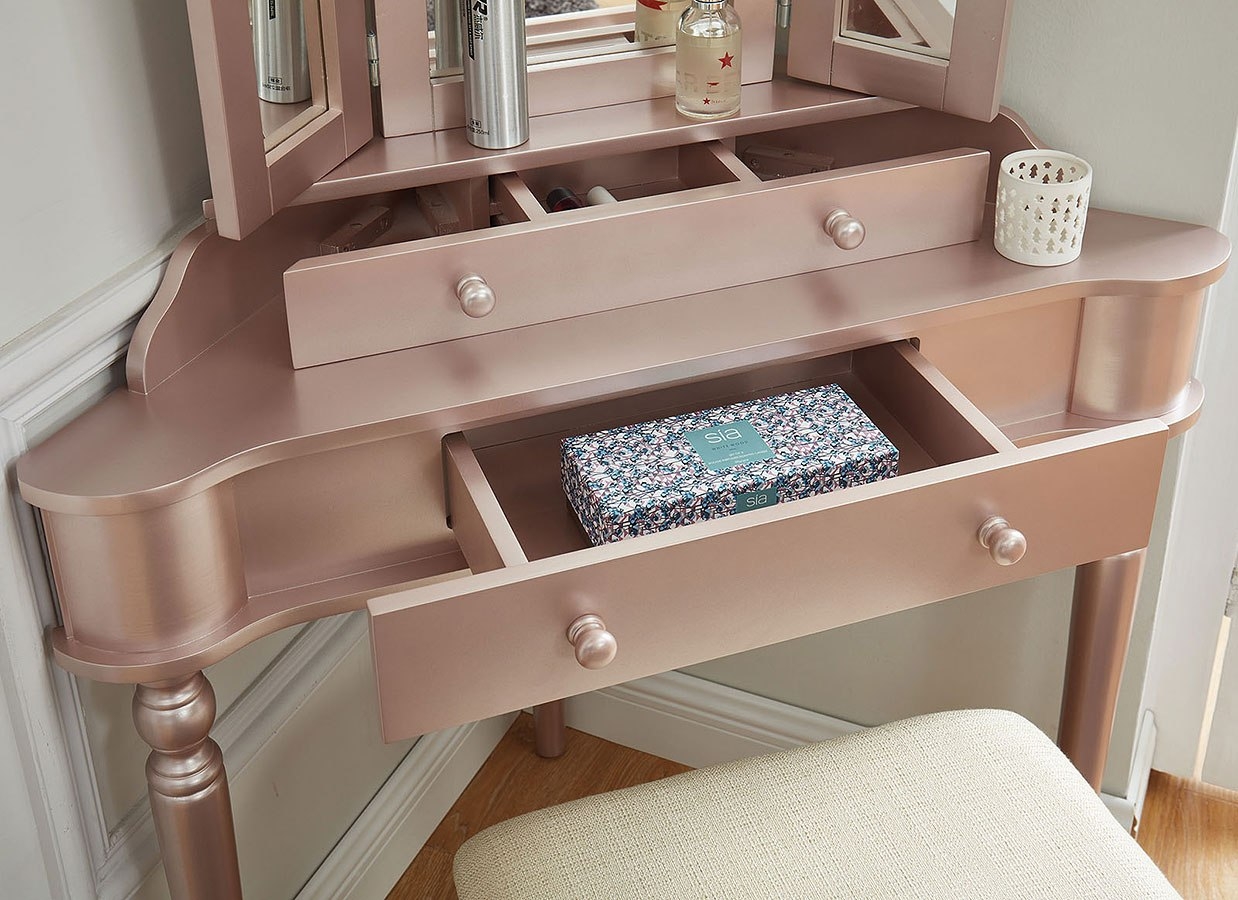 Kasey Wood Storage Corner Vanity Dresser w/2 Drawers, Mirror & Stool