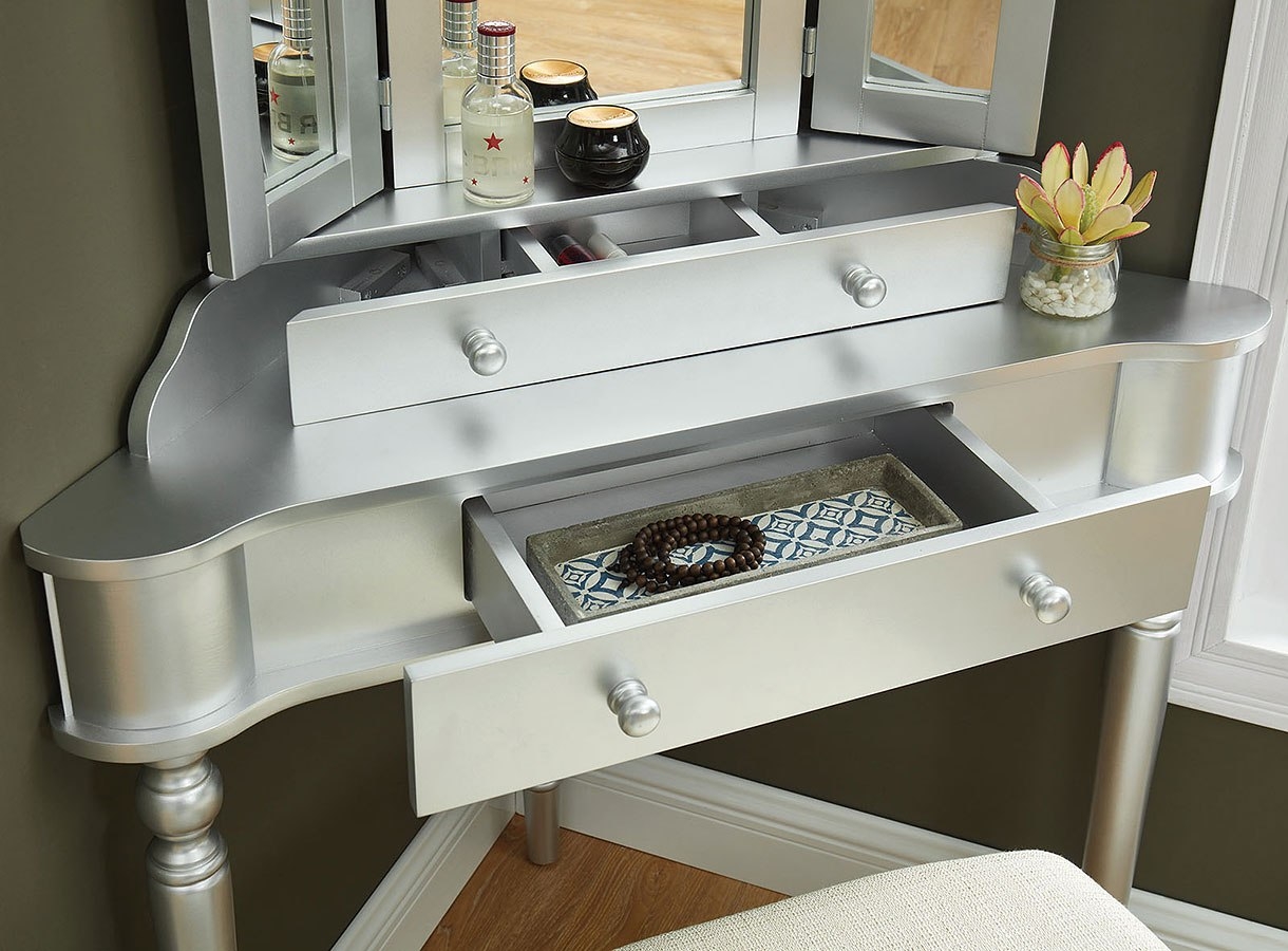 Kasey Wood Storage Corner Vanity Dresser w/2 Drawers, Mirror & Stool