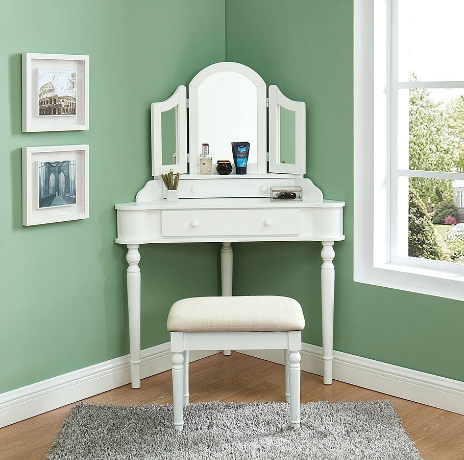 Kasey Wood Storage Corner Vanity Dresser w/2 Drawers, Mirror & Stool